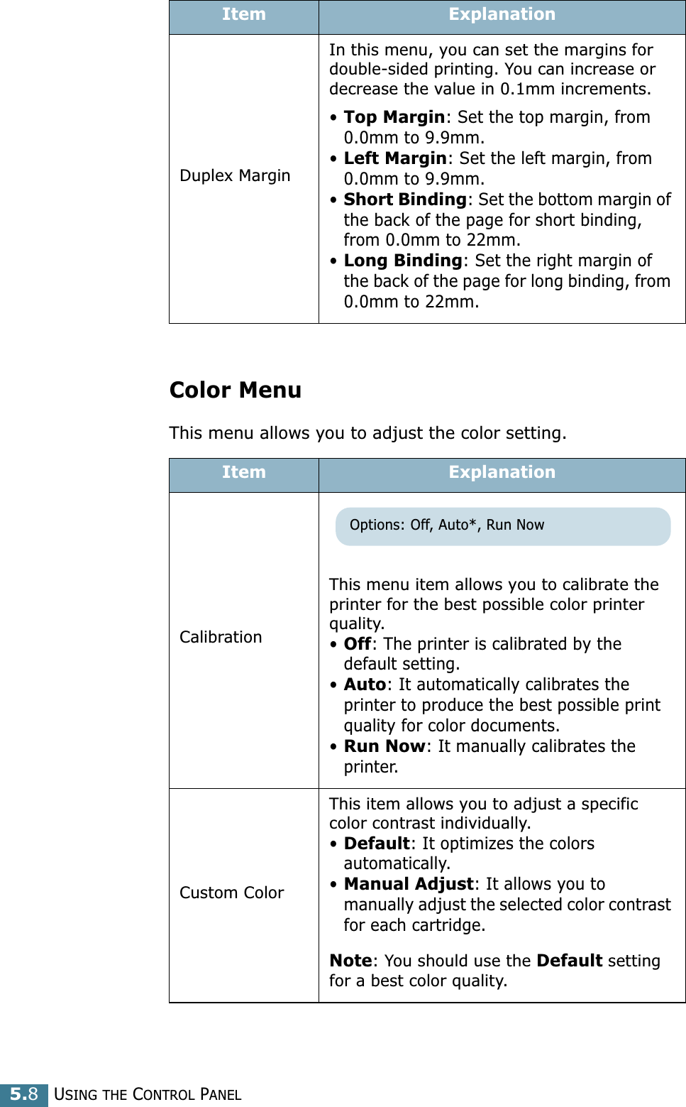 USING THE CONTROL PANEL5.8Color MenuThis menu allows you to adjust the color setting. Duplex MarginIn this menu, you can set the margins for double-sided printing. You can increase or decrease the value in 0.1mm increments.•Top Margin: Set the top margin, from 0.0mm to 9.9mm.•Left Margin: Set the left margin, from 0.0mm to 9.9mm.•Short Binding: Set the bottom margin of the back of the page for short binding, from 0.0mm to 22mm. •Long Binding: Set the right margin of the back of the page for long binding, from 0.0mm to 22mm.Item ExplanationCalibrationThis menu item allows you to calibrate the printer for the best possible color printer quality.•Off: The printer is calibrated by the default setting.•Auto: It automatically calibrates the printer to produce the best possible print quality for color documents.•Run Now: It manually calibrates the printer.Custom ColorThis item allows you to adjust a specific color contrast individually. •Default: It optimizes the colors automatically. •Manual Adjust: It allows you to manually adjust the selected color contrast for each cartridge.Note: You should use the Default setting for a best color quality.Item ExplanationOptions: Off, Auto*, Run Now