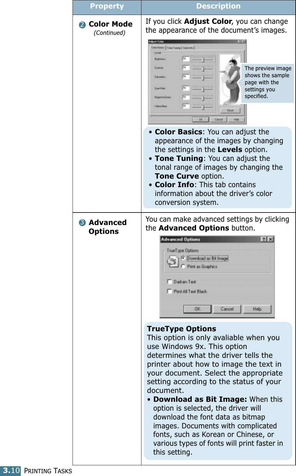 PRINTING TASKS3.10Color Mode(Continued)If you click Adjust Color, you can change the appearance of the document’s images.Advanced     OptionsYou can make advanced settings by clicking the Advanced Options button. Property Description2The preview image shows the sample page with the settings you specified.•Color Basics: You can adjust the  appearance of the images by changing the settings in the Levels option.•Tone Tuning: You can adjust the tonal range of images by changing the Tone Curve option.•Color Info: This tab contains information about the driver’s color conversion system.3TrueType OptionsThis option is only avaliable when you  use Windows 9x. This option determines what the driver tells the printer about how to image the text in your document. Select the appropriate setting according to the status of your document.•Download as Bit Image: When this option is selected, the driver will download the font data as bitmap images. Documents with complicated fonts, such as Korean or Chinese, or various types of fonts will print faster in this setting.