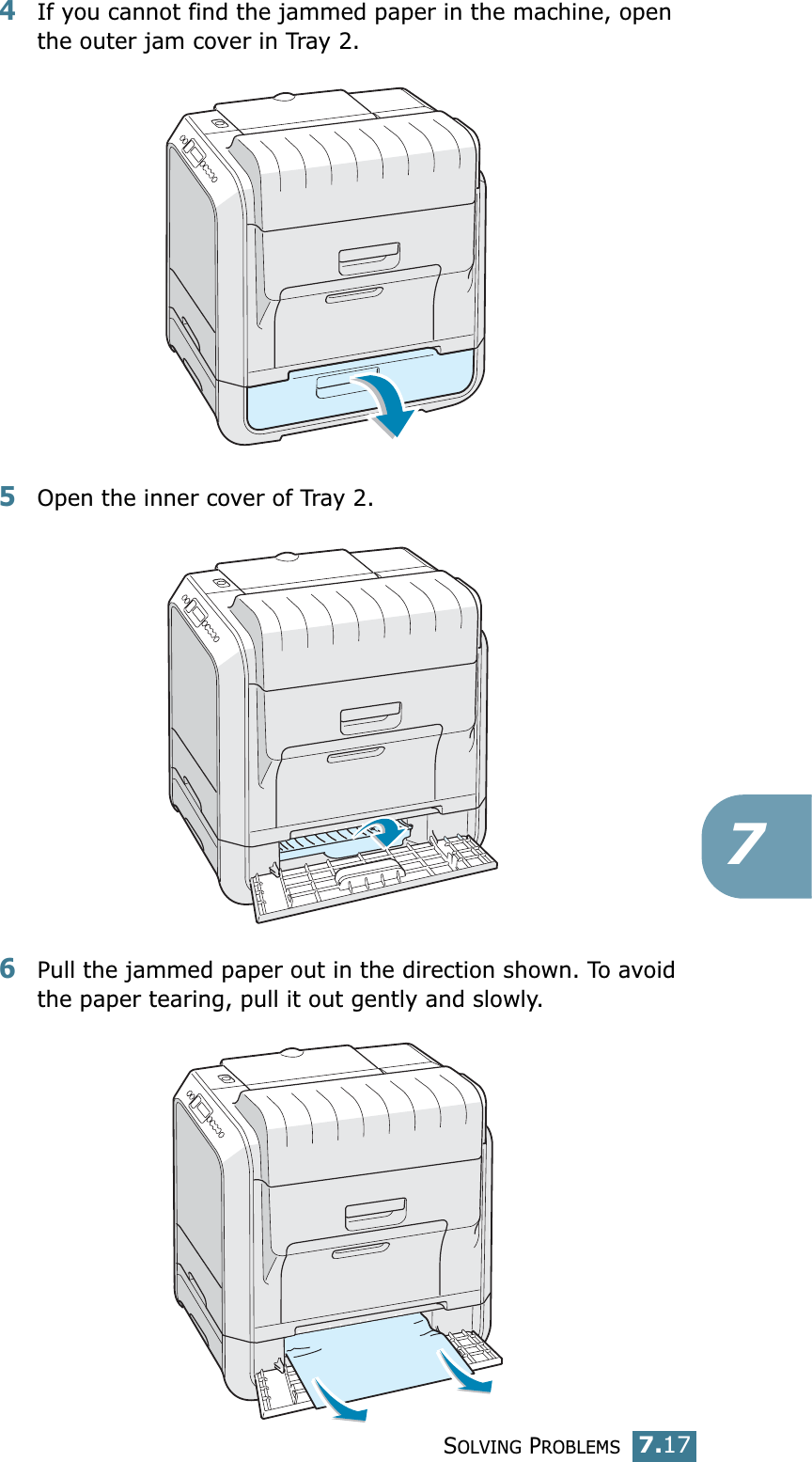SOLVING PROBLEMS7.1774If you cannot find the jammed paper in the machine, open the outer jam cover in Tray 2.5Open the inner cover of Tray 2.6Pull the jammed paper out in the direction shown. To avoid the paper tearing, pull it out gently and slowly. 