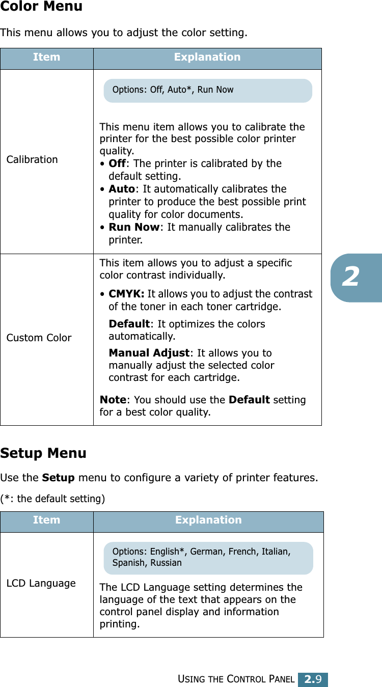 USING THE CONTROL PANEL2.92Color MenuThis menu allows you to adjust the color setting. Setup MenuUse the Setup menu to configure a variety of printer features.(*: the default setting)Item ExplanationCalibrationThis menu item allows you to calibrate the printer for the best possible color printer quality.•Off: The printer is calibrated by the default setting.•Auto: It automatically calibrates the printer to produce the best possible print quality for color documents.•Run Now: It manually calibrates the printer.Custom ColorThis item allows you to adjust a specific color contrast individually. •CMYK: It allows you to adjust the contrast of the toner in each toner cartridge.Default: It optimizes the colors automatically. Manual Adjust: It allows you to manually adjust the selected color contrast for each cartridge.Note: You should use the Default setting for a best color quality.Item ExplanationLCD Language The LCD Language setting determines the language of the text that appears on the control panel display and information printing.Options: Off, Auto*, Run NowOptions: English*, German, French, Italian, Spanish, Russian