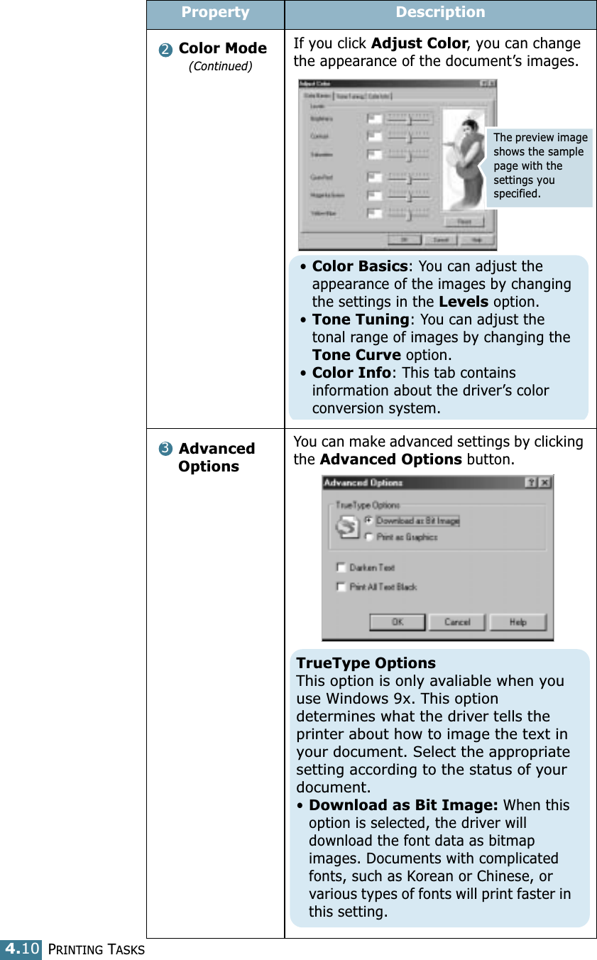 PRINTING TASKS4.10Color Mode(Continued)If you click Adjust Color, you can change the appearance of the document’s images.Advanced     OptionsYou can make advanced settings by clicking the Advanced Options button. Property Description2The preview image shows the sample page with the settings you specified.•Color Basics: You can adjust the  appearance of the images by changing the settings in the Levels option.•Tone Tuning: You can adjust the tonal range of images by changing the Tone Curve option.•Color Info: This tab contains information about the driver’s color conversion system.3TrueType OptionsThis option is only avaliable when you  use Windows 9x. This option determines what the driver tells the printer about how to image the text in your document. Select the appropriate setting according to the status of your document.•Download as Bit Image: When this option is selected, the driver will download the font data as bitmap images. Documents with complicated fonts, such as Korean or Chinese, or various types of fonts will print faster in this setting.