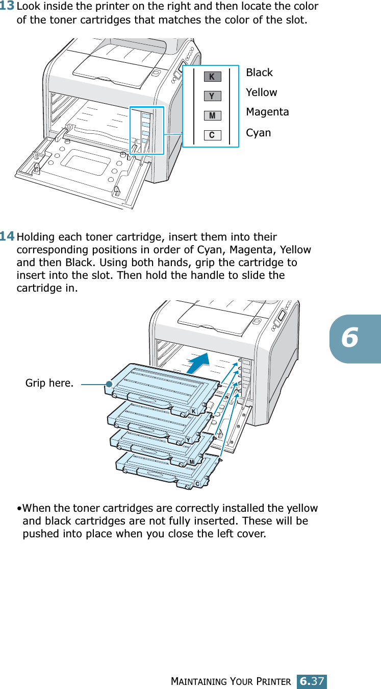 MAINTAINING YOUR PRINTER6.37613Look inside the printer on the right and then locate the color of the toner cartridges that matches the color of the slot.14Holding each toner cartridge, insert them into their corresponding positions in order of Cyan, Magenta, Yellow and then Black. Using both hands, grip the cartridge to insert into the slot. Then hold the handle to slide the cartridge in.•When the toner cartridges are correctly installed the yellow and black cartridges are not fully inserted. These will be pushed into place when you close the left cover.CMYKBlackYellowMagentaCyanMYKCGrip here.