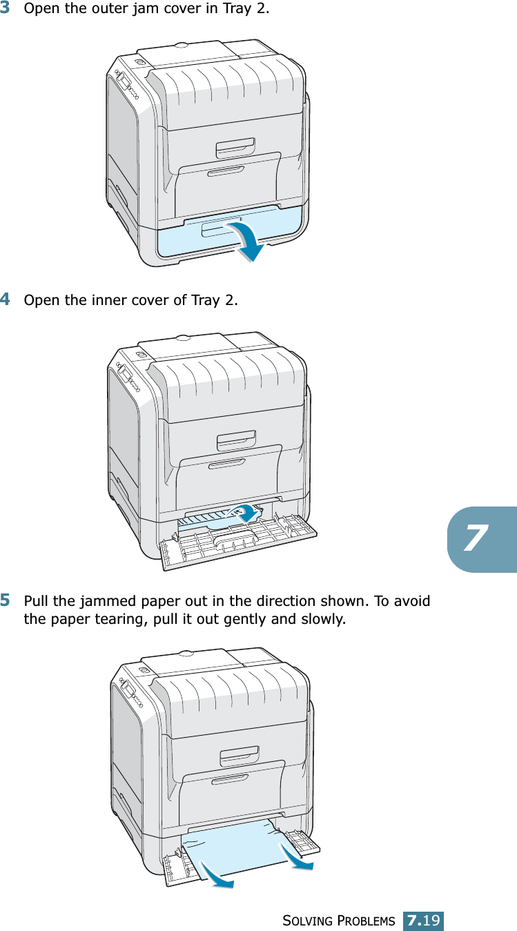 SOLVING PROBLEMS7.1973Open the outer jam cover in Tray 2.4Open the inner cover of Tray 2.5Pull the jammed paper out in the direction shown. To avoid the paper tearing, pull it out gently and slowly. 