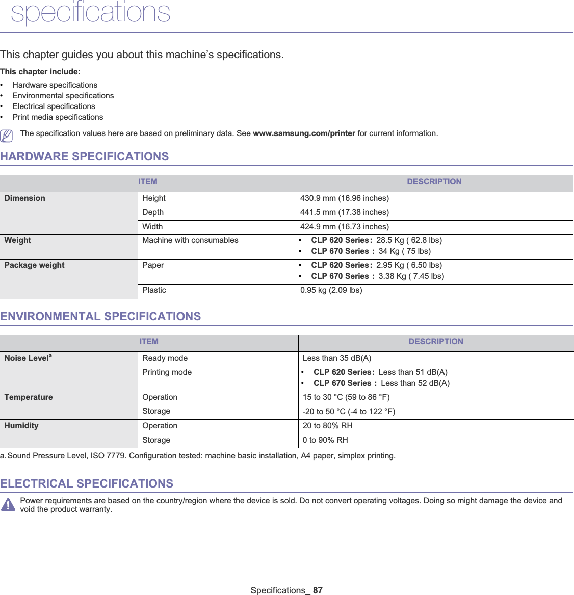 Specifications_ 8712. specificationsThis chapter guides you about this machine’s specifications.This chapter include:•Hardware specifications•Environmental specifications•Electrical specifications•Print media specificationsThe specification values here are based on preliminary data. See www.samsung.com/printer for current information.HARDWARE SPECIFICATIONSITEM DESCRIPTIONDimension Height 430.9 mm (16.96 inches) Depth 441.5 mm (17.38 inches) Width 424.9 mm (16.73 inches) Weight Machine with consumables •CLP 620 Series: 28.5 Kg ( 62.8 lbs)•CLP 670 Series : 34 Kg ( 75 lbs)Package weight Paper •CLP 620 Series: 2.95 Kg ( 6.50 lbs)•CLP 670 Series : 3.38 Kg ( 7.45 lbs)Plastic 0.95 kg (2.09 lbs)ENVIRONMENTAL SPECIFICATIONSITEM DESCRIPTIONNoise Levelaa.Sound Pressure Level, ISO 7779. Configuration tested: machine basic installation, A4 paper, simplex printing.Ready mode Less than 35 dB(A)Printing mode •CLP 620 Series: Less than 51 dB(A) •CLP 670 Series : Less than 52 dB(A) Temperature Operation 15 to 30 °C (59 to 86 °F)Storage -20 to 50 °C (-4 to 122 °F)Humidity Operation 20 to 80% RHStorage 0 to 90% RHELECTRICAL SPECIFICATIONSPower requirements are based on the country/region where the device is sold. Do not convert operating voltages. Doing so might damage the device and void the product warranty.