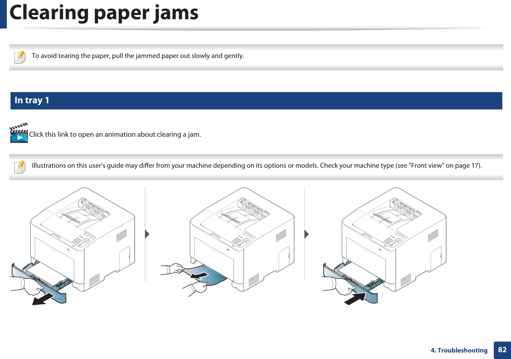 824. TroubleshootingClearing paper jams To avoid tearing the paper, pull the jammed paper out slowly and gently.  1 In tray 1 Click this link to open an animation about clearing a jam. Illustrations on this user’s guide may differ from your machine depending on its options or models. Check your machine type (see &quot;Front view&quot; on page 17). 