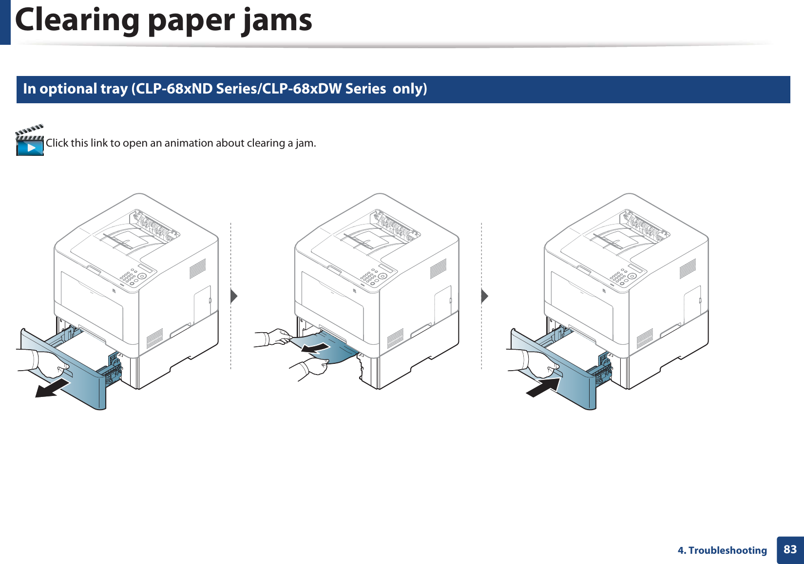 Clearing paper jams834. Troubleshooting2 In optional tray (CLP-68xND Series/CLP-68xDW Series  only) Click this link to open an animation about clearing a jam.