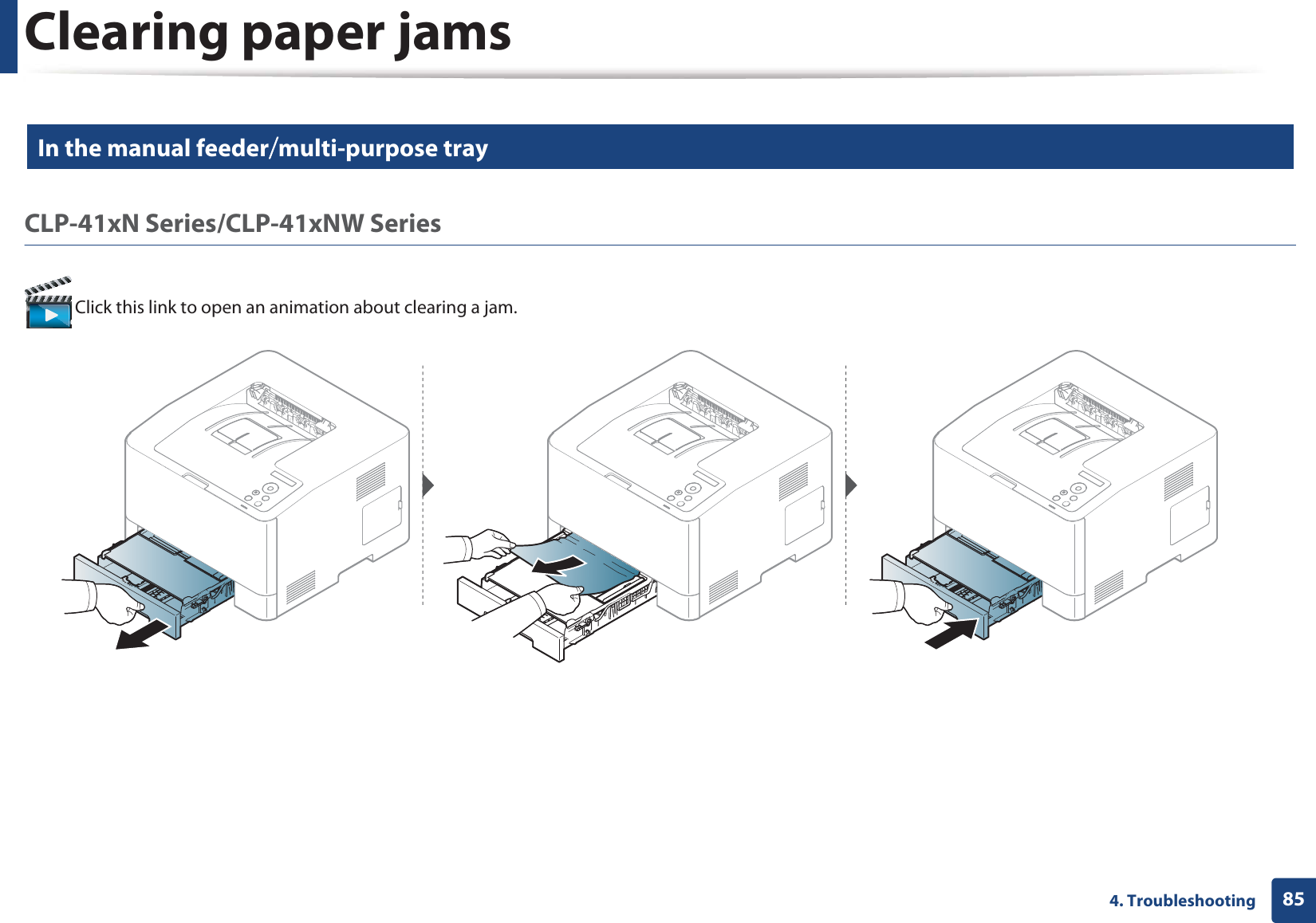 Clearing paper jams854. Troubleshooting3 In the manual feederVmulti-purpose tray CLP-41xN Series/CLP-41xNW Series Click this link to open an animation about clearing a jam.