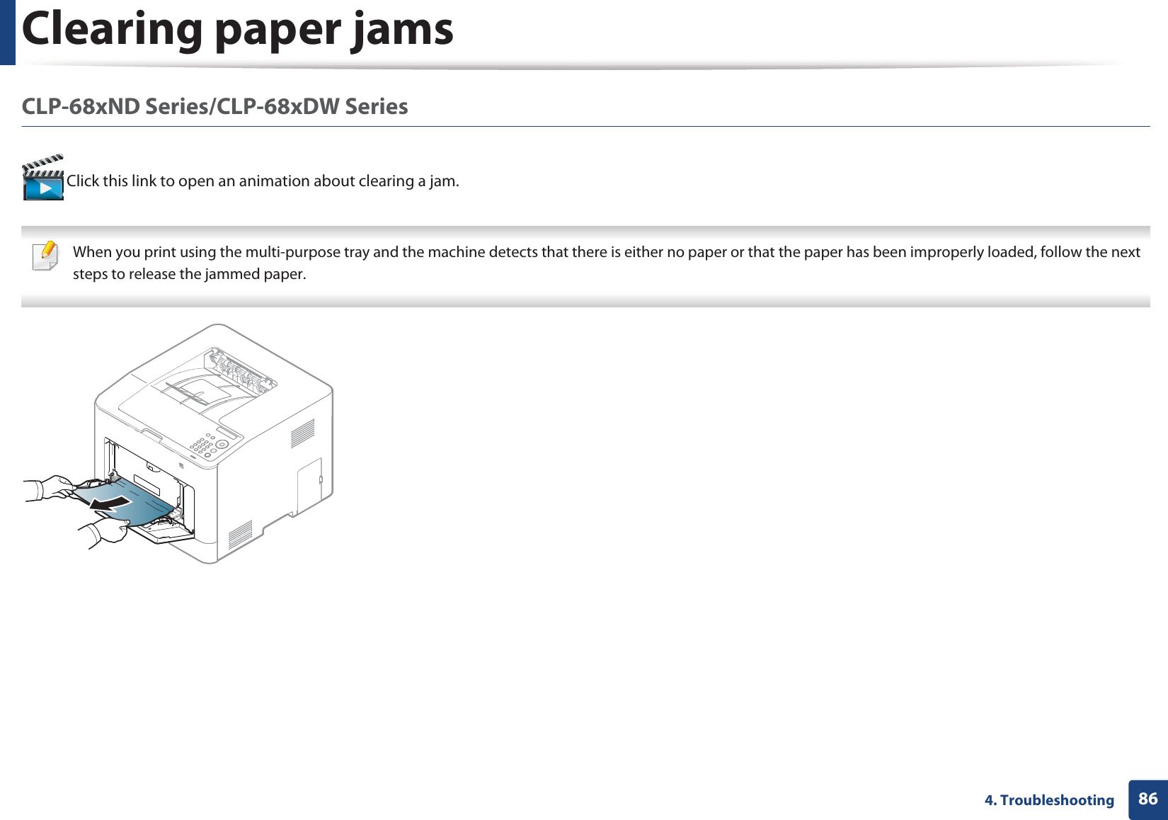 Clearing paper jams864. TroubleshootingCLP-68xND Series/CLP-68xDW Series  Click this link to open an animation about clearing a jam. When you print using the multi-purpose tray and the machine detects that there is either no paper or that the paper has been improperly loaded, follow the next steps to release the jammed paper. 