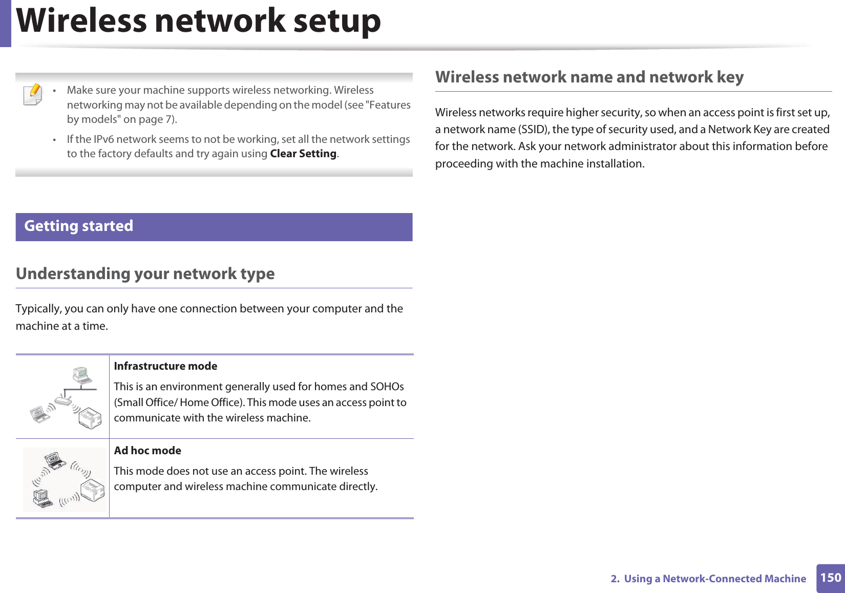 1502.  Using a Network-Connected MachineWireless network setup • Make sure your machine supports wireless networking. Wireless networking may not be available depending on the model (see &quot;Features by models&quot; on page 7).• If the IPv6 network seems to not be working, set all the network settings to the factory defaults and try again using Clear Setting. 12 Getting startedUnderstanding your network typeTypically, you can only have one connection between your computer and the machine at a time.Wireless network name and network keyWireless networks require higher security, so when an access point is first set up, a network name (SSID), the type of security used, and a Network Key are created for the network. Ask your network administrator about this information before proceeding with the machine installation.Infrastructure modeThis is an environment generally used for homes and SOHOs (Small Office/ Home Office). This mode uses an access point to communicate with the wireless machine.Ad hoc modeThis mode does not use an access point. The wireless computer and wireless machine communicate directly. 