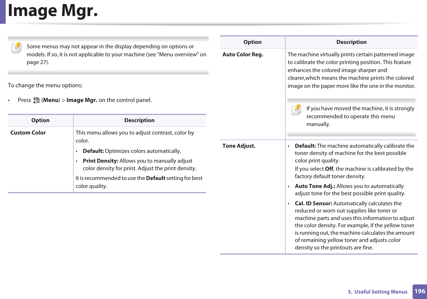 1963. Useful Setting MenusImage Mgr. Some menus may not appear in the display depending on options or models. If so, it is not applicable to your machine (see "Menu overview" on page 27). To change the menu options:• Press (Menu) > Image Mgr. on the control panel.Option DescriptionCustom Color This menu allows you to adjust contrast, color by color.•Default: Optimizes colors automatically. •Print Density: Allows you to manually adjust color density for print. Adjust the print density.It is recommended to use the Default setting for best color quality.Auto Color Reg. The machine virtually prints certain patterned image to calibrate the color printing position. This feature enhances the colored image sharper and clearer,which means the machine prints the colored image on the paper more like the one in the monitor. If you have moved the machine, it is strongly recommended to operate this menu manually. Tone Adjust. •Default: The machine automatically calibrate the toner density of machine for the best possible color print quality. If you select Off, the machine is calibrated by the factory default toner density.•Auto Tone Adj.: Allows you to automatically adjust tone for the best possible print quality.•Cal. ID Sensor: Automatically calculates the reduced or worn out supplies like toner or machine parts and uses this information to adjust the color density. For example, if the yellow toner is running out, the machine calculates the amount of remaining yellow toner and adjusts color density so the printouts are fine.Option Description