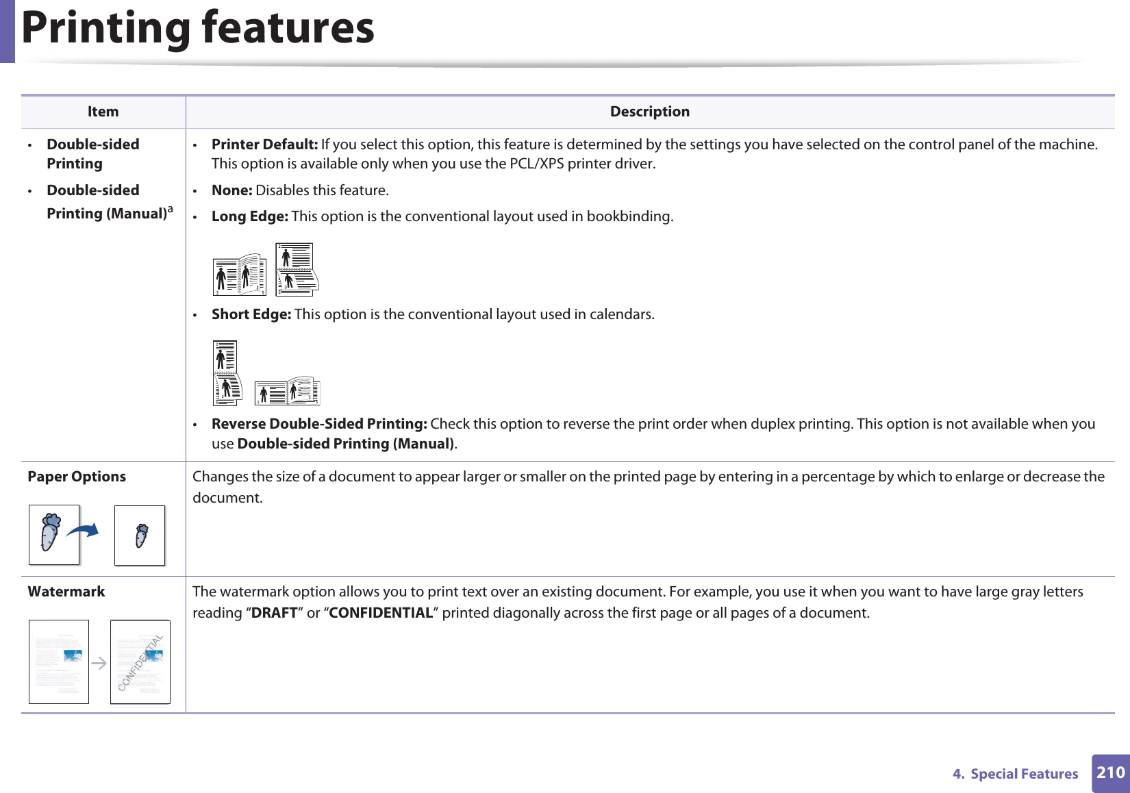 Printing features2104.  Special Features•Double-sided Printing•Double-sided Printing (Manual)a•Printer Default: If you select this option, this feature is determined by the settings you have selected on the control panel of the machine. This option is available only when you use the PCL/XPS printer driver.•None: Disables this feature.•Long Edge: This option is the conventional layout used in bookbinding.•Short Edge: This option is the conventional layout used in calendars.•Reverse Double-Sided Printing: Check this option to reverse the print order when duplex printing. This option is not available when you use Double-sided Printing (Manual).Paper Options Changes the size of a document to appear larger or smaller on the printed page by entering in a percentage by which to enlarge or decrease the document.Watermark The watermark option allows you to print text over an existing document. For example, you use it when you want to have large gray letters reading “DRAFT” or “CONFIDENTIAL” printed diagonally across the first page or all pages of a document. Item Description