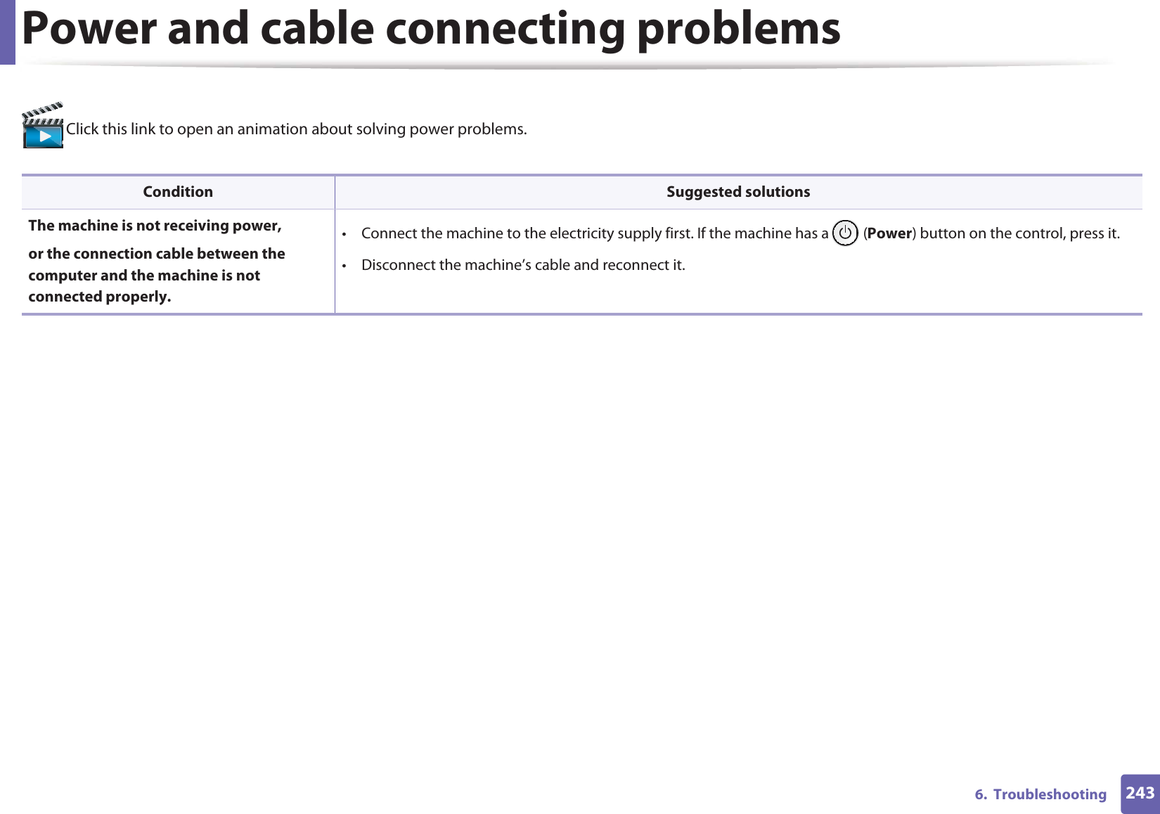 2436.  TroubleshootingPower and cable connecting problems Click this link to open an animation about solving power problems.  Condition Suggested solutionsThe machine is not receiving power, or the connection cable between the computer and the machine is not connected properly.• Connect the machine to the electricity supply first. If the machine has a   (Power) button on the control, press it. • Disconnect the machine’s cable and reconnect it.