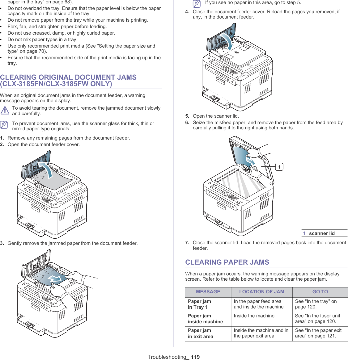 Troubleshooting_ 119paper in the tray&quot; on page 68).•Do not overload the tray. Ensure that the paper level is below the paper capacity mark on the inside of the tray.•Do not remove paper from the tray while your machine is printing.•Flex, fan, and straighten paper before loading. •Do not use creased, damp, or highly curled paper.•Do not mix paper types in a tray.•Use only recommended print media (See &quot;Setting the paper size and type&quot; on page 70).•Ensure that the recommended side of the print media is facing up in the tray.CLEARING ORIGINAL DOCUMENT JAMS (CLX-3185FN/CLX-3185FW ONLY)When an original document jams in the document feeder, a warning message appears on the display.To avoid tearing the document, remove the jammed document slowly and carefully.To prevent document jams, use the scanner glass for thick, thin or mixed paper-type originals.1. Remove any remaining pages from the document feeder.2. Open the document feeder cover.3. Gently remove the jammed paper from the document feeder.If you see no paper in this area, go to step 5.4. Close the document feeder cover. Reload the pages you removed, if any, in the document feeder.5. Open the scanner lid.6. Seize the misfeed paper, and remove the paper from the feed area by carefully pulling it to the right using both hands.7. Close the scanner lid. Load the removed pages back into the document feeder.CLEARING PAPER JAMSWhen a paper jam occurs, the warning message appears on the display screen. Refer to the table below to locate and clear the paper jam.1scanner lidMESSAGE LOCATION OF JAM GO TOPaper jamin Tray 1In the paper feed area and inside the machineSee &quot;In the tray&quot; on page 120.Paper jaminside machineInside the machine See &quot;In the fuser unit area&quot; on page 120.Paper jamin exit areaInside the machine and in the paper exit areaSee &quot;In the paper exit area&quot; on page 121.1