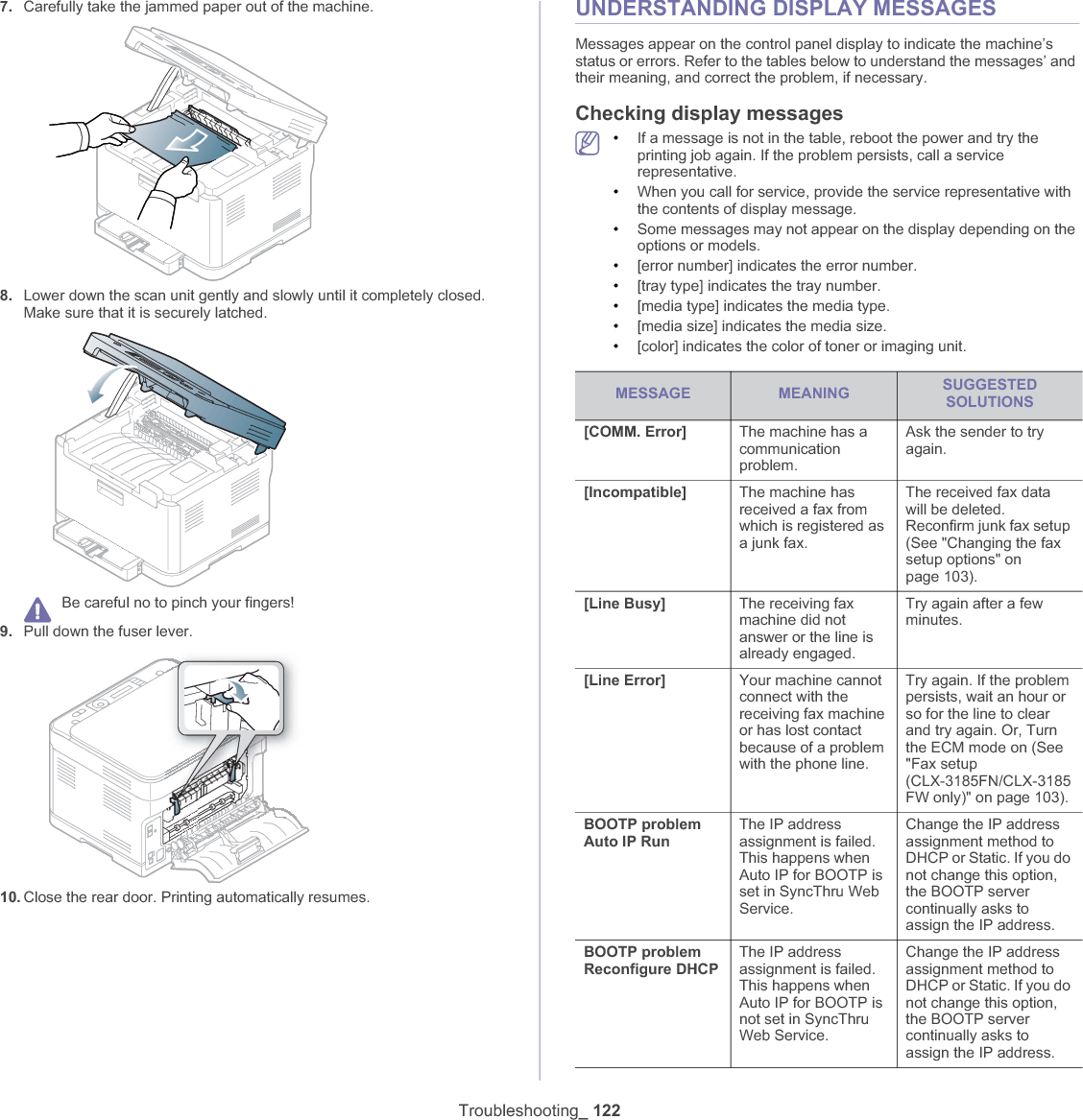 Troubleshooting_ 1227. Carefully take the jammed paper out of the machine.8. Lower down the scan unit gently and slowly until it completely closed. Make sure that it is securely latched.Be careful no to pinch your fingers!9. Pull down the fuser lever.10. Close the rear door. Printing automatically resumes.UNDERSTANDING DISPLAY MESSAGESMessages appear on the control panel display to indicate the machine’s status or errors. Refer to the tables below to understand the messages’ and their meaning, and correct the problem, if necessary.Checking display messages•If a message is not in the table, reboot the power and try the printing job again. If the problem persists, call a service representative.•When you call for service, provide the service representative with the contents of display message.•Some messages may not appear on the display depending on the options or models.•[error number] indicates the error number. •[tray type] indicates the tray number. •[media type] indicates the media type.•[media size] indicates the media size.•[color] indicates the color of toner or imaging unit.MESSAGE MEANING SUGGESTED SOLUTIONS[COMM. Error] The machine has a communication problem.Ask the sender to try again.[Incompatible] The machine has received a fax from which is registered as a junk fax.The received fax data will be deleted. Reconfirm junk fax setup (See &quot;Changing the fax setup options&quot; on page 103).[Line Busy] The receiving fax machine did not answer or the line is already engaged.Try again after a few minutes.[Line Error] Your machine cannot connect with the receiving fax machine or has lost contact because of a problem with the phone line.Try again. If the problem persists, wait an hour or so for the line to clear and try again. Or, Turn the ECM mode on (See &quot;Fax setup (CLX-3185FN/CLX-3185FW only)&quot; on page 103).BOOTP problem Auto IP RunThe IP address assignment is failed. This happens when Auto IP for BOOTP is set in SyncThru Web Service.Change the IP address assignment method to DHCP or Static. If you do not change this option, the BOOTP server continually asks to assign the IP address.BOOTP problem Reconfigure DHCPThe IP address assignment is failed. This happens when Auto IP for BOOTP is not set in SyncThru Web Service.Change the IP address assignment method to DHCP or Static. If you do not change this option, the BOOTP server continually asks to assign the IP address.
