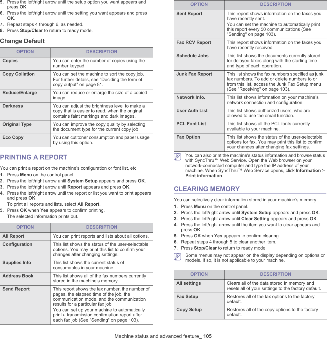 Machine status and advanced feature_ 1055. Press the left/right arrow until the setup option you want appears and press OK.6. Press the left/right arrow until the setting you want appears and press OK.7. Repeat steps 4 through 6, as needed.8. Press Stop/Clear to return to ready mode.Change DefaultPRINTING A REPORTYou can print a report on the machine&apos;s configuration or font list, etc.1. Press Menu on the control panel.2. Press the left/right arrow until System Setup appears and press OK.3. Press the left/right arrow until Report appears and press OK.4. Press the left/right arrow until the report or list you want to print appears and press OK.To print all reports and lists, select All Report.5. Press OK when Yes appears to confirm printing.The selected information prints out.You can also print the machine&apos;s status information and browse status with SyncThru™ Web Service. Open the Web browser on your network-connected computer and type the IP address of your machine. When SyncThru™ Web Service opens, click Information &gt; Print information.CLEARING MEMORYYou can selectively clear information stored in your machine’s memory.1. Press Menu on the control panel.2. Press the left/right arrow until System Setup appears and press OK.3. Press the left/right arrow until Clear Setting appears and press OK.4. Press the left/right arrow until the item you want to clear appears and press OK.5. Press OK when Yes appears to confirm clearing.6. Repeat steps 4 through 5 to clear another item.7. Press Stop/Clear to return to ready mode.Some menus may not appear on the display depending on options or models. If so, it is not applicable to your machine.OPTION DESCRIPTIONCopies You can enter the number of copies using the number keypad.Copy Collation You can set the machine to sort the copy job. For further details, see &quot;Deciding the form of copy output&quot; on page 81.Reduce/Enlarge You can reduce or enlarge the size of a copied image.Darkness You can adjust the brightness level to make a copy that is easier to read, when the original contains faint markings and dark images.Original Type You can improve the copy quality by selecting the document type for the current copy job.Eco Copy You can cut toner consumption and paper usage by using this option.OPTION DESCRIPTIONAll Report You can print reports and lists about all options.Configuration This list shows the status of the user-selectable options. You may print this list to confirm your changes after changing settings.Supplies Info This list shows the current status of consumables in your machine.Address Book This list shows all of the fax numbers currently stored in the machine’s memory.Send Report This report shows the fax number, the number of pages, the elapsed time of the job, the communication mode, and the communication results for a particular fax job.You can set up your machine to automatically print a transmission confirmation report after each fax job (See &quot;Sending&quot; on page 103).Sent Report This report shows information on the faxes you have recently sent.You can set the machine to automatically print this report every 50 communications (See &quot;Sending&quot; on page 103).Fax RCV Report This report shows information on the faxes you have recently received. Schedule Jobs This list shows the documents currently stored for delayed faxes along with the starting time and type of each operation. Junk Fax Report This list shows the fax numbers specified as junk fax numbers. To add or delete numbers to or from this list, access the Junk Fax Setup menu (See &quot;Receiving&quot; on page 103).Network Info. This list shows information on your machine’s network connection and configuration.User Auth List This list shows authorized users, who are allowed to use the email function.PCL Font List This list shows all the PCL fonts currently available to your machine.Fax Option This list shows the status of the user-selectable options for fax. You may print this list to confirm your changes after changing fax settings.OPTION DESCRIPTIONAll settings Clears all of the data stored in memory and resets all of your settings to the factory default.Fax Setup Restores all of the fax options to the factory default.Copy Setup Restores all of the copy options to the factory default.OPTION DESCRIPTION