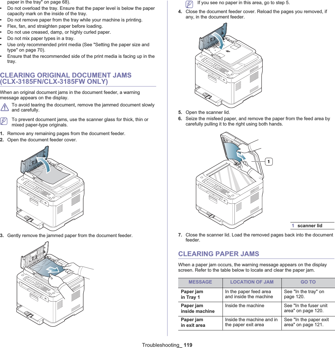 Troubleshooting_ 119paper in the tray&quot; on page 68).•Do not overload the tray. Ensure that the paper level is below the paper capacity mark on the inside of the tray.•Do not remove paper from the tray while your machine is printing.•Flex, fan, and straighten paper before loading. •Do not use creased, damp, or highly curled paper.•Do not mix paper types in a tray.•Use only recommended print media (See &quot;Setting the paper size and type&quot; on page 70).•Ensure that the recommended side of the print media is facing up in the tray.CLEARING ORIGINAL DOCUMENT JAMS (CLX-3185FN/CLX-3185FW ONLY)When an original document jams in the document feeder, a warning message appears on the display.To avoid tearing the document, remove the jammed document slowly and carefully.To prevent document jams, use the scanner glass for thick, thin or mixed paper-type originals.1. Remove any remaining pages from the document feeder.2. Open the document feeder cover.3. Gently remove the jammed paper from the document feeder.If you see no paper in this area, go to step 5.4. Close the document feeder cover. Reload the pages you removed, if any, in the document feeder.5. Open the scanner lid.6. Seize the misfeed paper, and remove the paper from the feed area by carefully pulling it to the right using both hands.7. Close the scanner lid. Load the removed pages back into the document feeder.CLEARING PAPER JAMSWhen a paper jam occurs, the warning message appears on the display screen. Refer to the table below to locate and clear the paper jam.1scanner lidMESSAGE LOCATION OF JAM GO TOPaper jamin Tray 1In the paper feed area and inside the machineSee &quot;In the tray&quot; on page 120.Paper jaminside machineInside the machine See &quot;In the fuser unit area&quot; on page 120.Paper jamin exit areaInside the machine and in the paper exit areaSee &quot;In the paper exit area&quot; on page 121.1