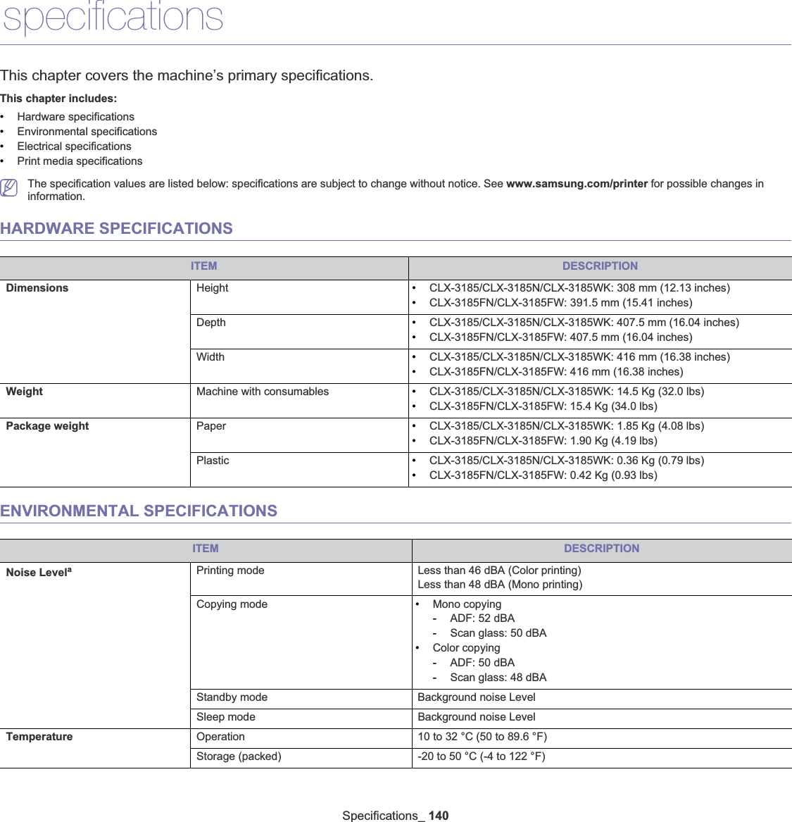 Specifications_ 14017.specificationsThis chapter covers the machine’s primary specifications.This chapter includes:•Hardware specifications•Environmental specifications•Electrical specifications•Print media specificationsThe specification values are listed below: specifications are subject to change without notice. See www.samsung.com/printer for possible changes in information.HARDWARE SPECIFICATIONSENVIRONMENTAL SPECIFICATIONSITEM DESCRIPTIONDimensions Height •CLX-3185/CLX-3185N/CLX-3185WK: 308 mm (12.13 inches)•CLX-3185FN/CLX-3185FW: 391.5 mm (15.41 inches)Depth •CLX-3185/CLX-3185N/CLX-3185WK: 407.5 mm (16.04 inches)•CLX-3185FN/CLX-3185FW: 407.5 mm (16.04 inches)Width •CLX-3185/CLX-3185N/CLX-3185WK: 416 mm (16.38 inches)•CLX-3185FN/CLX-3185FW: 416 mm (16.38 inches)Weight Machine with consumables •CLX-3185/CLX-3185N/CLX-3185WK: 14.5 Kg (32.0 lbs)•CLX-3185FN/CLX-3185FW: 15.4 Kg (34.0 lbs)Package weight Paper •CLX-3185/CLX-3185N/CLX-3185WK: 1.85 Kg (4.08 lbs)•CLX-3185FN/CLX-3185FW: 1.90 Kg (4.19 lbs)Plastic •CLX-3185/CLX-3185N/CLX-3185WK: 0.36 Kg (0.79 lbs)•CLX-3185FN/CLX-3185FW: 0.42 Kg (0.93 lbs)ITEM DESCRIPTIONNoise LevelaPrinting mode Less than 46 dBA (Color printing)Less than 48 dBA (Mono printing)Copying mode •Mono copying-ADF: 52 dBA-Scan glass: 50 dBA•Color copying-ADF: 50 dBA-Scan glass: 48 dBAStandby mode Background noise LevelSleep mode Background noise LevelTemperature Operation 10 to 32 °C (50 to 89.6 °F)Storage (packed) -20 to 50 °C (-4 to 122 °F)