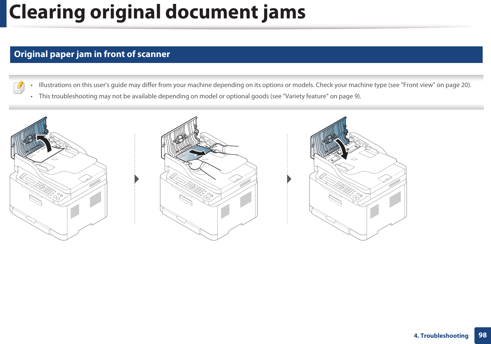 Clearing original document jams984. Troubleshooting1 Original paper jam in front of scanner &bull; Illustrations on this user&rsquo;s guide may differ from your machine depending on its options or models. Check your machine type (see "Front view" on page 20).&bull; This troubleshooting may not be available depending on model or optional goods (see "Variety feature" on page 9). 