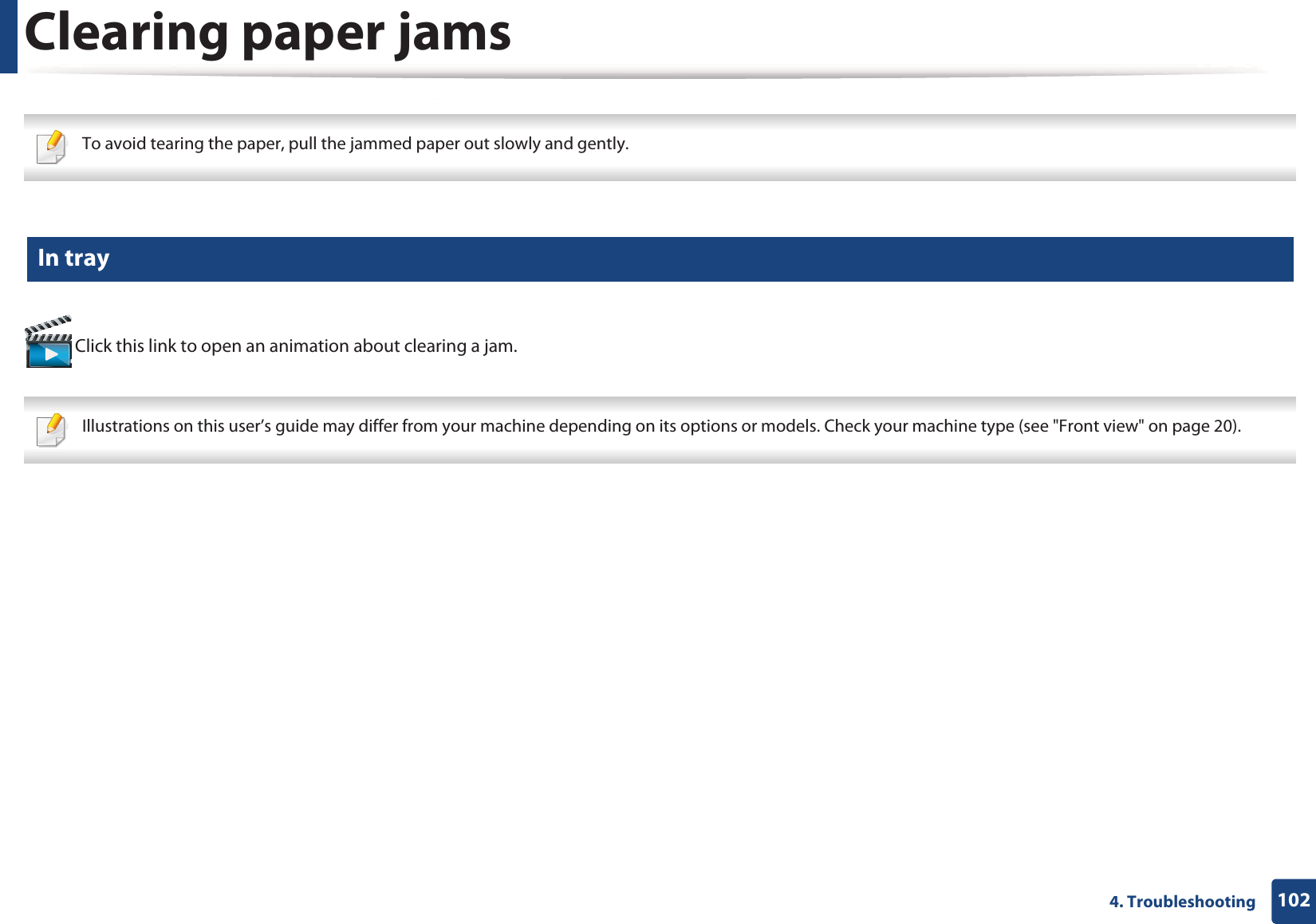 1024. TroubleshootingClearing paper jams To avoid tearing the paper, pull the jammed paper out slowly and gently.  4 In tray Click this link to open an animation about clearing a jam. Illustrations on this user&rsquo;s guide may differ from your machine depending on its options or models. Check your machine type (see "Front view" on page 20). 