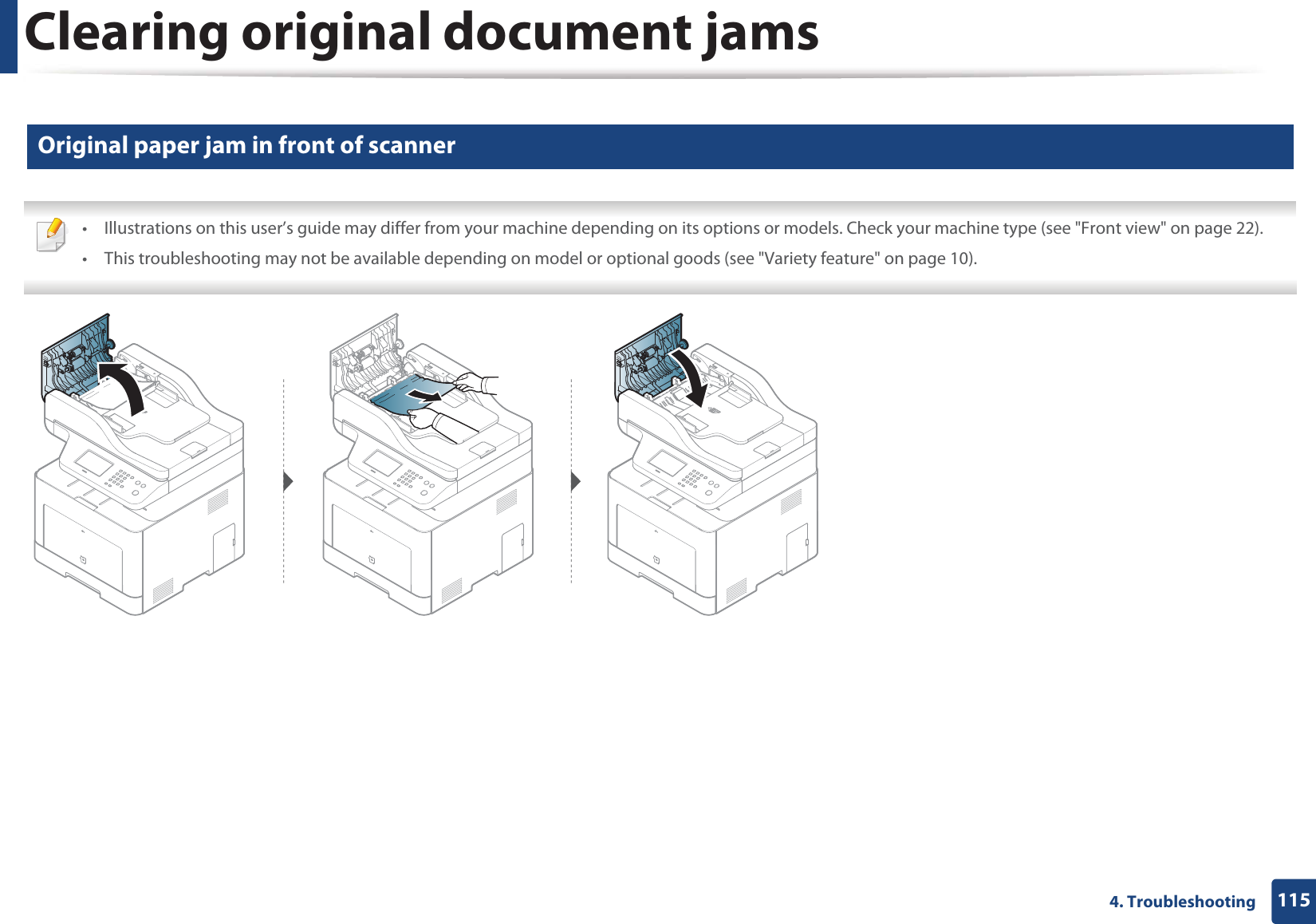 Clearing original document jams1154. Troubleshooting1 Original paper jam in front of scanner • Illustrations on this user’s guide may differ from your machine depending on its options or models. Check your machine type (see "Front view" on page 22).• This troubleshooting may not be available depending on model or optional goods (see "Variety feature" on page 10).
