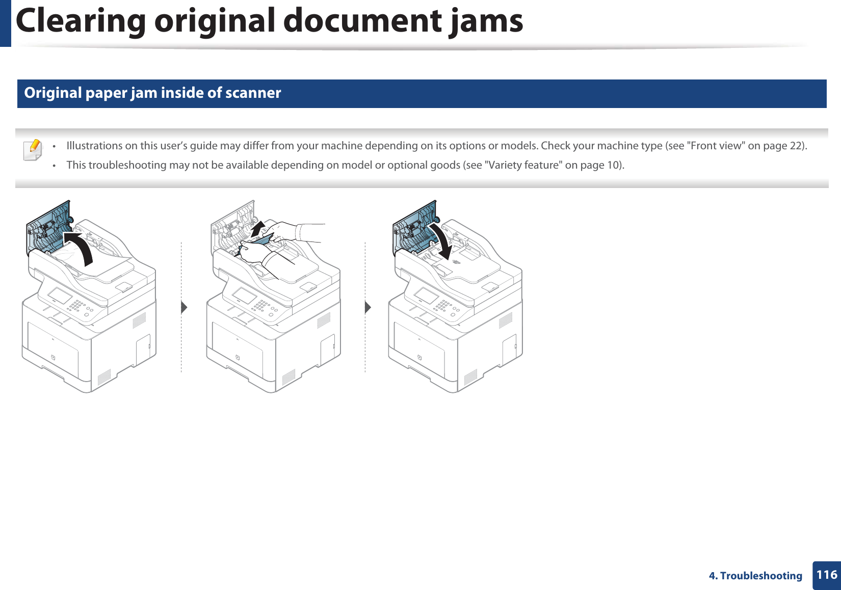 Clearing original document jams1164. Troubleshooting2 Original paper jam inside of scanner • Illustrations on this user’s guide may differ from your machine depending on its options or models. Check your machine type (see "Front view" on page 22).• This troubleshooting may not be available depending on model or optional goods (see "Variety feature" on page 10).