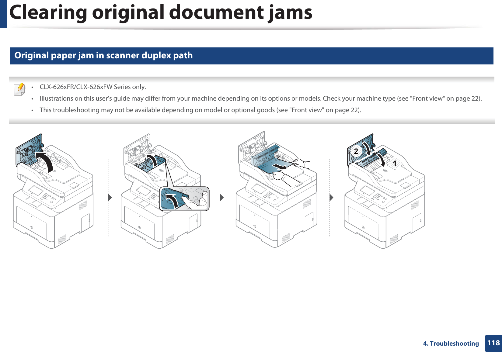 Clearing original document jams1184. Troubleshooting4 Original paper jam in scanner duplex path • CLX-626xFR/CLX-626xFW Series only.• Illustrations on this user’s guide may differ from your machine depending on its options or models. Check your machine type (see "Front view" on page 22).• This troubleshooting may not be available depending on model or optional goods (see "Front view" on page 22). 21