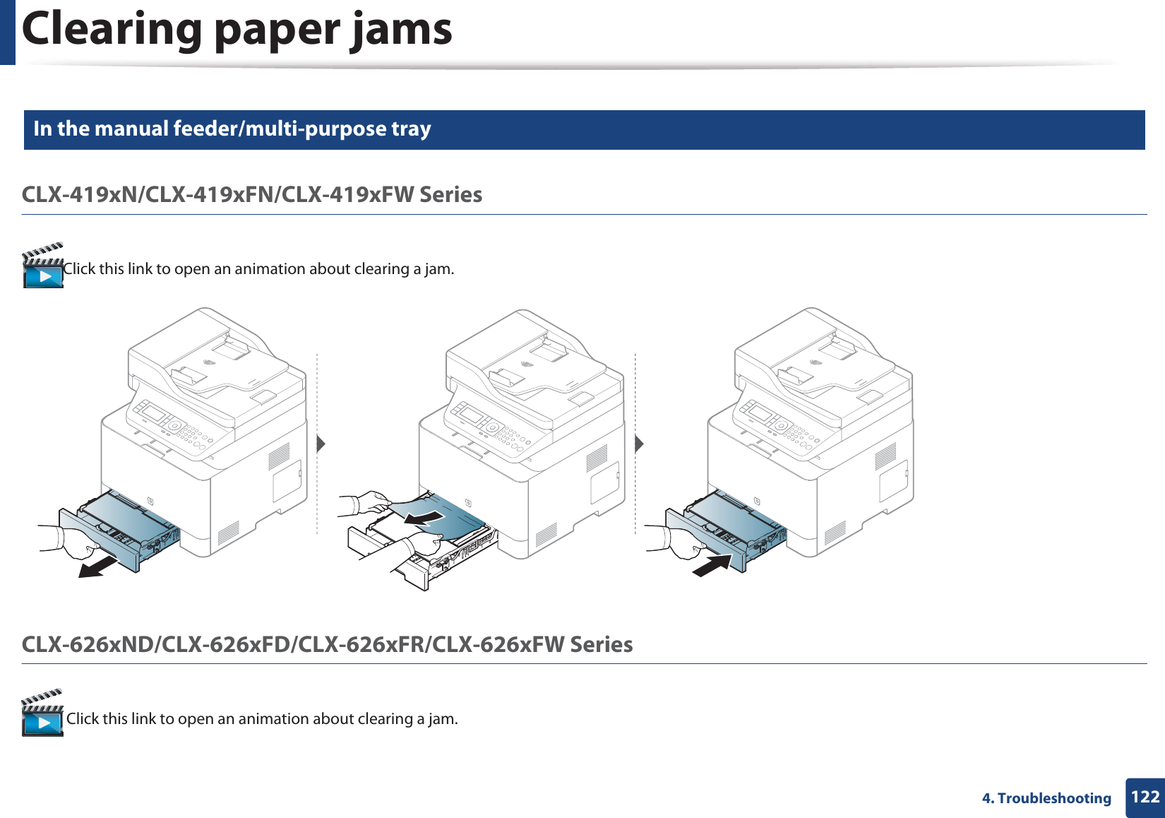 Clearing paper jams1224. Troubleshooting7 In the manual feeder/multi-purpose trayCLX-419xN/CLX-419xFN/CLX-419xFW SeriesClick this link to open an animation about clearing a jam.CLX-626xND/CLX-626xFD/CLX-626xFR/CLX-626xFW Series Click this link to open an animation about clearing a jam.