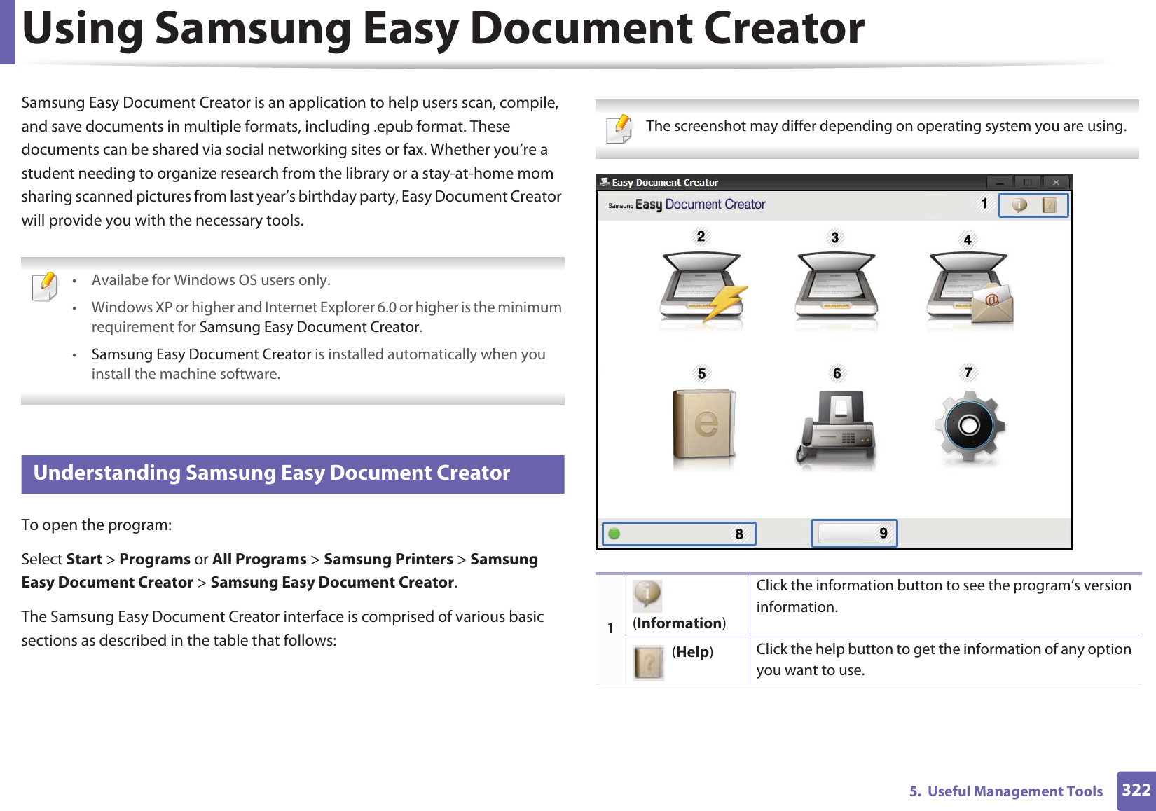 3225.  Useful Management ToolsUsing Samsung Easy Document CreatorSamsung Easy Document Creator is an application to help users scan, compile, and save documents in multiple formats, including .epub format. These documents can be shared via social networking sites or fax. Whether you’re a student needing to organize research from the library or a stay-at-home mom sharing scanned pictures from last year’s birthday party, Easy Document Creator will provide you with the necessary tools. • Availabe for Windows OS users only.• Windows XP or higher and Internet Explorer 6.0 or higher is the minimum requirement for Samsung Easy Document Creator.•Samsung Easy Document Creator is installed automatically when you install the machine software.  5 Understanding Samsung Easy Document CreatorTo open the program: Select Start &gt; Programs or All Programs &gt; Samsung Printers &gt; Samsung Easy Document Creator &gt; Samsung Easy Document Creator.The Samsung Easy Document Creator interface is comprised of various basic sections as described in the table that follows: The screenshot may differ depending on operating system you are using. 1 (Information)Click the information button to see the program’s version information.  (Help)Click the help button to get the information of any option you want to use.