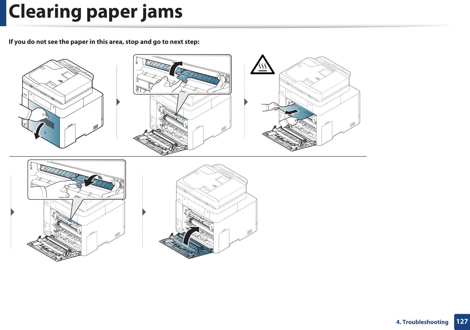 Clearing paper jams1274. TroubleshootingIf you do not see the paper in this area, stop and go to next step: