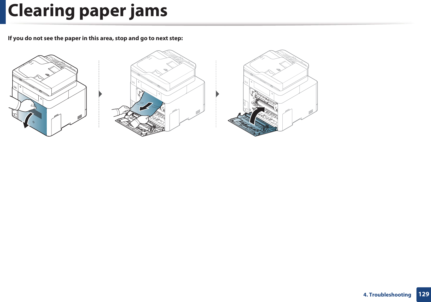 Clearing paper jams1294. TroubleshootingIf you do not see the paper in this area, stop and go to next step: