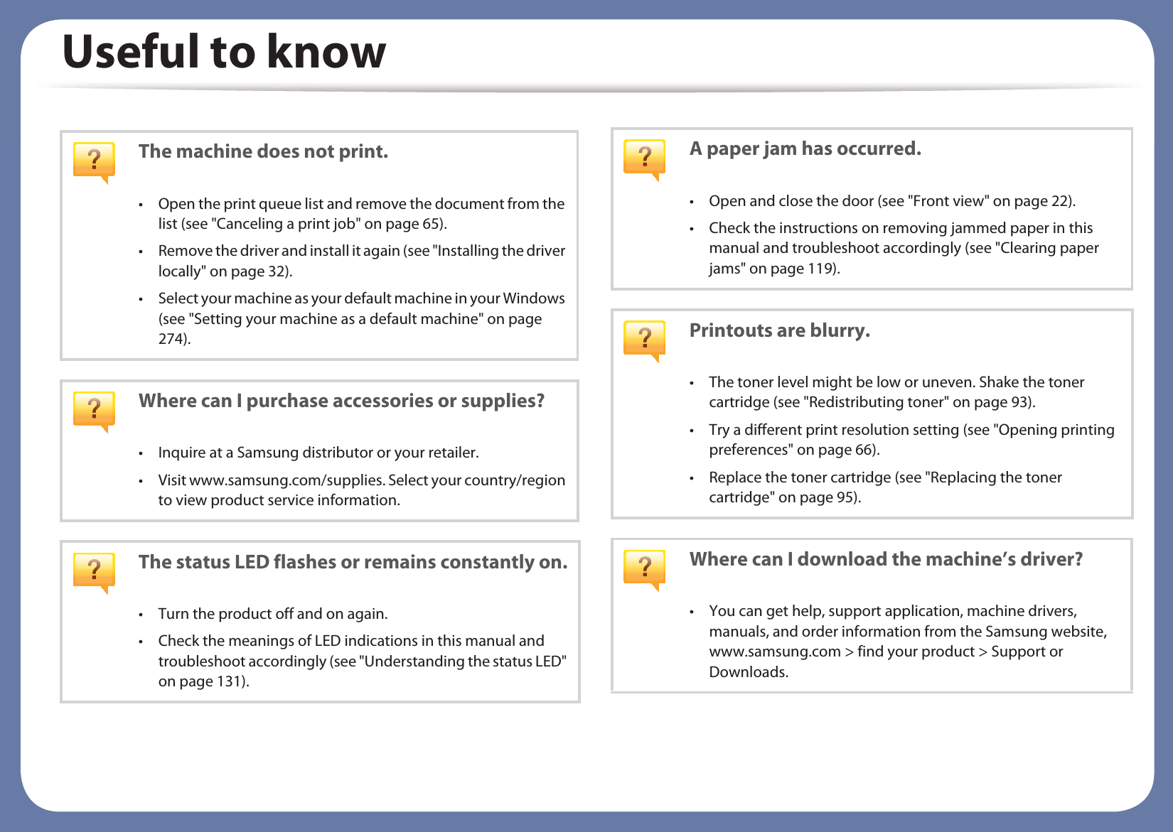 Useful to knowThe machine does not print.• Open the print queue list and remove the document from the list (see &quot;Canceling a print job&quot; on page 65).• Remove the driver and install it again (see &quot;Installing the driver locally&quot; on page 32).• Select your machine as your default machine in your Windows (see &quot;Setting your machine as a default machine&quot; on page 274).Where can I purchase accessories or supplies?• Inquire at a Samsung distributor or your retailer.• Visit www.samsung.com/supplies. Select your country/region to view product service information.The status LED flashes or remains constantly on.• Turn the product off and on again.• Check the meanings of LED indications in this manual and troubleshoot accordingly (see &quot;Understanding the status LED&quot; on page 131).A paper jam has occurred.• Open and close the door (see &quot;Front view&quot; on page 22).• Check the instructions on removing jammed paper in this manual and troubleshoot accordingly (see &quot;Clearing paper jams&quot; on page 119).Printouts are blurry.• The toner level might be low or uneven. Shake the toner cartridge (see &quot;Redistributing toner&quot; on page 93).• Try a different print resolution setting (see &quot;Opening printing preferences&quot; on page 66).• Replace the toner cartridge (see &quot;Replacing the toner cartridge&quot; on page 95).Where can I download the machine’s driver?• You can get help, support application, machine drivers, manuals, and order information from the Samsung website, www.samsung.com &gt; find your product &gt; Support or Downloads.
