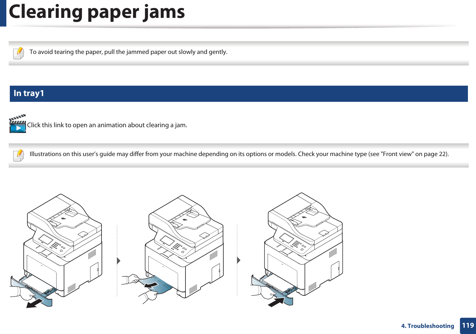1194. TroubleshootingClearing paper jams To avoid tearing the paper, pull the jammed paper out slowly and gently.  5 In tray1 Click this link to open an animation about clearing a jam. Illustrations on this user’s guide may differ from your machine depending on its options or models. Check your machine type (see &quot;Front view&quot; on page 22). 