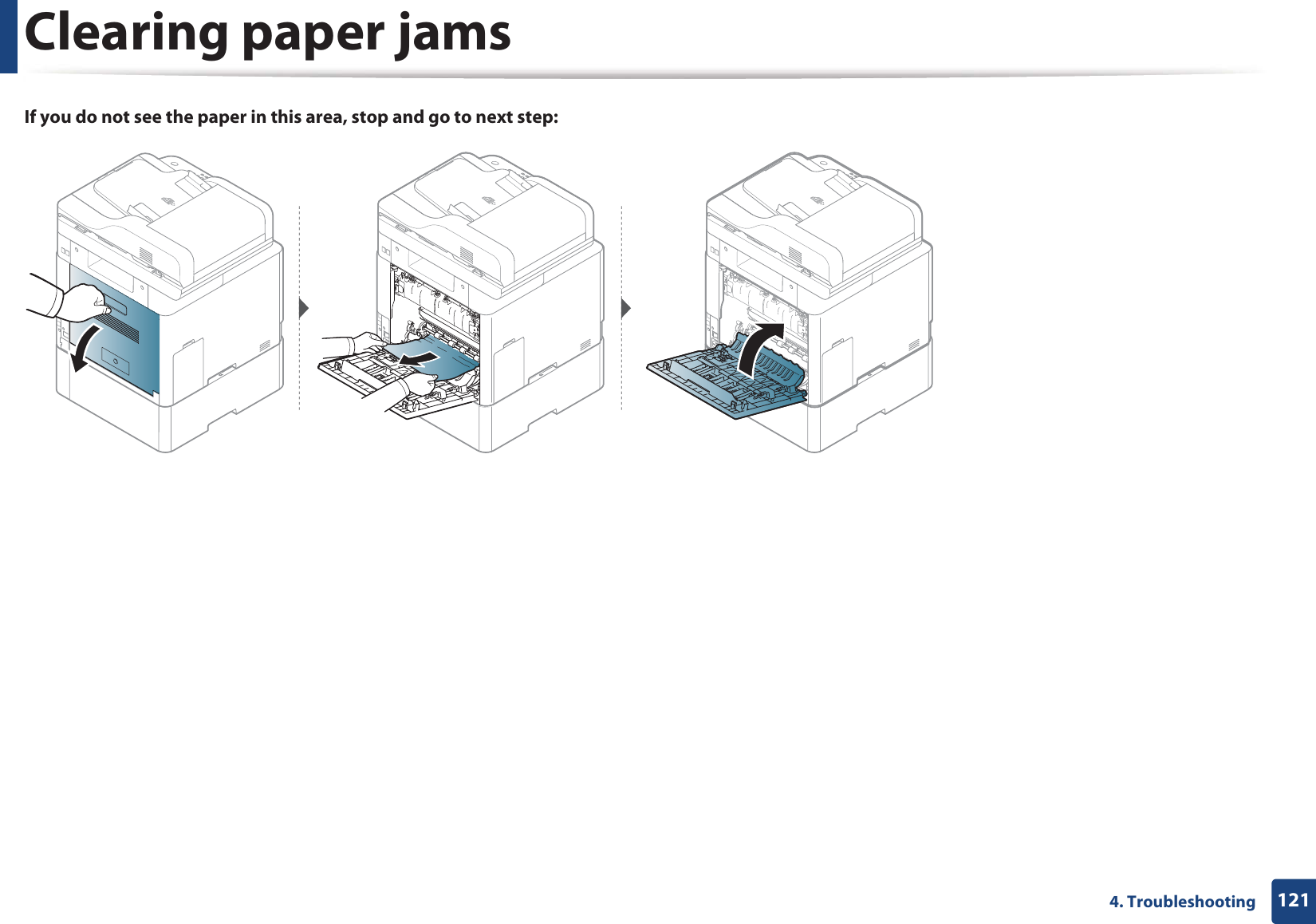 Clearing paper jams1214. TroubleshootingIf you do not see the paper in this area, stop and go to next step: