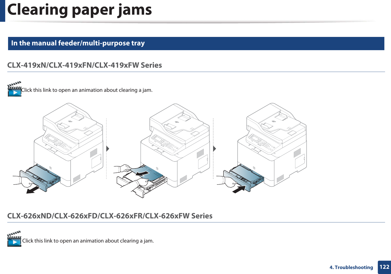 Clearing paper jams1224. Troubleshooting7 In the manual feeder/multi-purpose trayCLX-419xN/CLX-419xFN/CLX-419xFW SeriesClick this link to open an animation about clearing a jam.CLX-626xND/CLX-626xFD/CLX-626xFR/CLX-626xFW Series  Click this link to open an animation about clearing a jam.