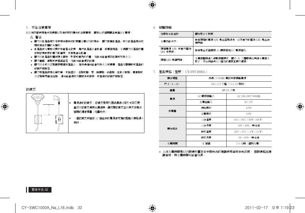 繁体中文5.  安全注意事項以下為防範使用者受到傷害以及造成財物損失的注意事項。 請務必仔細閱讀並遵循以下事項。 [警告 請勿將此產品用於本使用手冊所述的裝置充電以外的用途。 請勿拋擲此產品，或將此產品用作枕頭或其他物體的支撐物。 此產品在充電就緒模式中會產生磁場。 雖然此產品不會影響一般電器用品，不過請勿將產品放置在對磁場敏感的電子設備旁，尤其是維生設備。 請勿將此產品放置在陽光直射、熱源或潮濕的位置。 如此可能會導致故障或引發火災。 請勿重壓、衝擊或使產品墜落。 如此可能會導致故障。 請勿將水或清潔劑直接噴灑在產品上。 若未遵循可能會引發火災或觸電、產品外觀損毀或產品的印刷字樣脫落。 請勿對產品使用化學物質，包括酒精、溶劑或臘、苯、稀釋劑、殺蟲劑、空氣清新劑、潤滑劑或清潔劑等界面活性劑。 這可能會導致外觀褪色或破裂，或者造成印刷字樣脫落。磁鐵蕊yy電源線的磁鐵蕊： 磁鐵蕊是用於隔絕纜線以免於受到干擾。 當您將磁鐵蕊連接至纜線時，請打開磁鐵蕊並將其夾在靠近插頭的纜線周圍（如圖所示）。yy一個磁鐵蕊與插在 AC 插座中的電源線末端的距離不應超過 4 英吋。6.  疑難排解如果發生此症狀 請採取以下對策。充電功能失效。 檢查頂端的電源 LED 是否呈現綠色，以及前方的藍色 LED 是否緩慢閃爍。頂端電源 LED 或前方藍色 LED 未亮起。 檢查是否正確連接 AC 轉接器和 DC 電源插孔。頂端 LED 規律閃爍。 充電器暫時進入過載保護模式。請將 3D 立體眼鏡從無線充電器上取下，然後中斷與 DC 插孔的連接並再次連接。7.  產品規格（型號： CY-SWC1000A）操作類型 透過 13.56MHz 電磁共振傳輸電源。尺寸（D x H） 188 x 115 公釐（7.4 x 4.5 英吋）重量 約 524 公克電源 AC 轉接器輸入 AC 100~240V 50/60Hz充電座輸入 DC 12V 耗電量 待機模式 0.5W充電模式 8.9W操作條件工作溫度 10&deg;C ~ 40&deg;C（50&deg;F ~ 104&deg;F）工作濕度 10% ~ 80%，無冷凝存放溫度 -20&deg;C ~ 45&deg;C（-4&deg;F ~ 113&deg;F）存放濕度 5% ~ 95%，無冷凝充電時間 3D 眼鏡 2~3 小時（個別充電） ※上述充電時間是以將眼鏡放置在本手冊所述的建議使用區域中為依據。 若眼鏡超出建議區域，則充電時間可能會延長。CY-SWC1000A_Na_L16.indb   32 2011-02-17   오후 1:19:23
