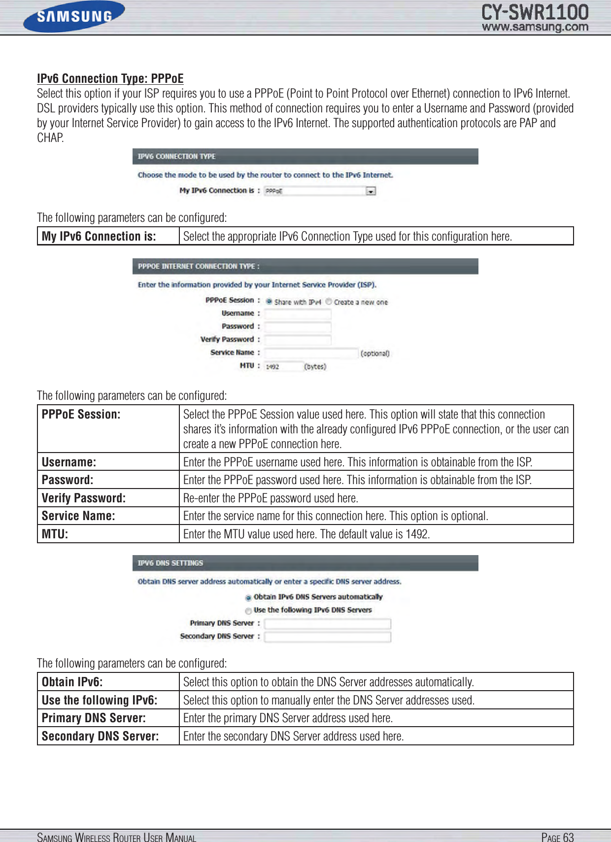 Page 63SamSung WireleSS router uSer manualIPv6 Connection Type: PPPoESelect this option if your ISP requires you to use a PPPoE (Point to Point Protocol over Ethernet) connection to IPv6 Internet. DSL providers typically use this option. This method of connection requires you to enter a Username and Password (provided by your Internet Service Provider) to gain access to the IPv6 Internet. The supported authentication protocols are PAP and CHAP.The following parameters can be conﬁgured:My IPv6 Connection is: Select the appropriate IPv6 Connection Type used for this conﬁguration here.The following parameters can be conﬁgured:PPPoE Session: Select the PPPoE Session value used here. This option will state that this connection shares it’s information with the already conﬁgured IPv6 PPPoE connection, or the user can create a new PPPoE connection here.Username: Enter the PPPoE username used here. This information is obtainable from the ISP.Password: Enter the PPPoE password used here. This information is obtainable from the ISP.Verify Password: Re-enter the PPPoE password used here.Service Name: Enter the service name for this connection here. This option is optional.MTU: Enter the MTU value used here. The default value is 1492.The following parameters can be conﬁgured:Obtain IPv6: Select this option to obtain the DNS Server addresses automatically.Use the following IPv6: Select this option to manually enter the DNS Server addresses used.Primary DNS Server: Enter the primary DNS Server address used here.Secondary DNS Server: Enter the secondary DNS Server address used here.