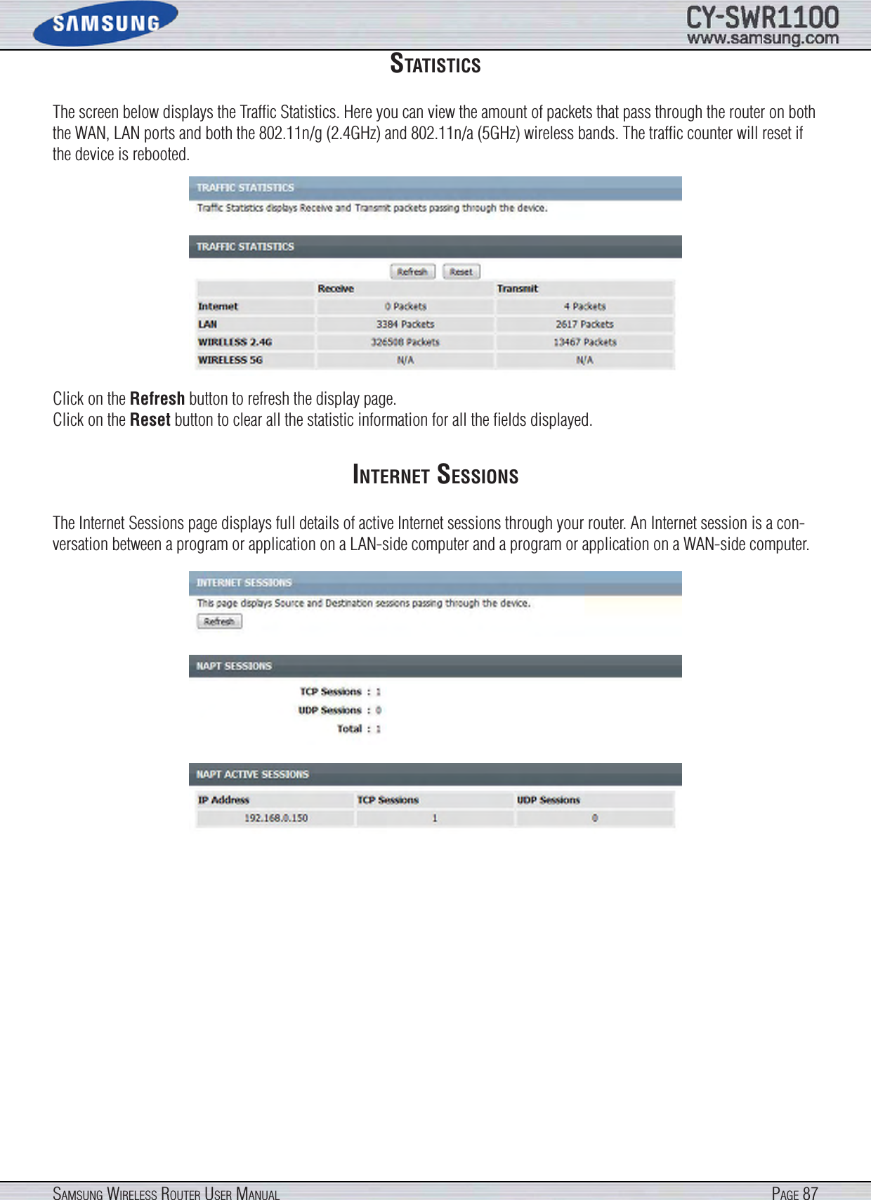 Page 87SamSung WireleSS router uSer manualStatIStIcSThe screen below displays the Trafﬁc Statistics. Here you can view the amount of packets that pass through the router on both the WAN, LAN ports and both the 802.11n/g (2.4GHz) and 802.11n/a (5GHz) wireless bands. The trafﬁc counter will reset if the device is rebooted.Click on the Refresh button to refresh the display page.Click on the Reset button to clear all the statistic information for all the ﬁelds displayed.Internet SeSSIonSThe Internet Sessions page displays full details of active Internet sessions through your router. An Internet session is a con-versation between a program or application on a LAN-side computer and a program or application on a WAN-side computer.