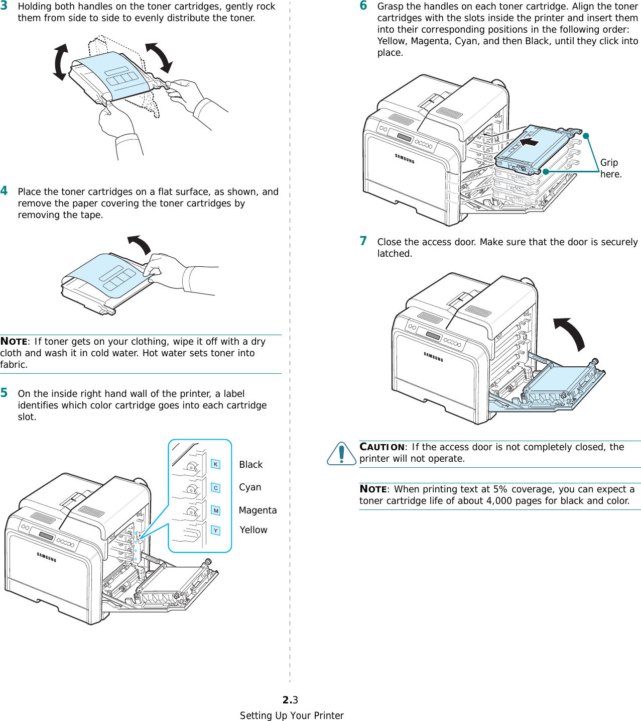 Setting Up Your Printer2.33Holding both handles on the toner cartridges, gently rock them from side to side to evenly distribute the toner.4Place the toner cartridges on a flat surface, as shown, and remove the paper covering the toner cartridges by removing the tape.NOTE: If toner gets on your clothing, wipe it off with a dry cloth and wash it in cold water. Hot water sets toner into fabric.5On the inside right hand wall of the printer, a label identifies which color cartridge goes into each cartridge slot.BlackYellowMagentaCyan6Grasp the handles on each toner cartridge. Align the toner cartridges with the slots inside the printer and insert them into their corresponding positions in the following order: Yellow, Magenta, Cyan, and then Black, until they click into place.7Close the access door. Make sure that the door is securely latched.CAUTION: If the access door is not completely closed, the printer will not operate.NOTE: When printing text at 5% coverage, you can expect a toner cartridge life of about 4,000 pages for black and color.Grip here.