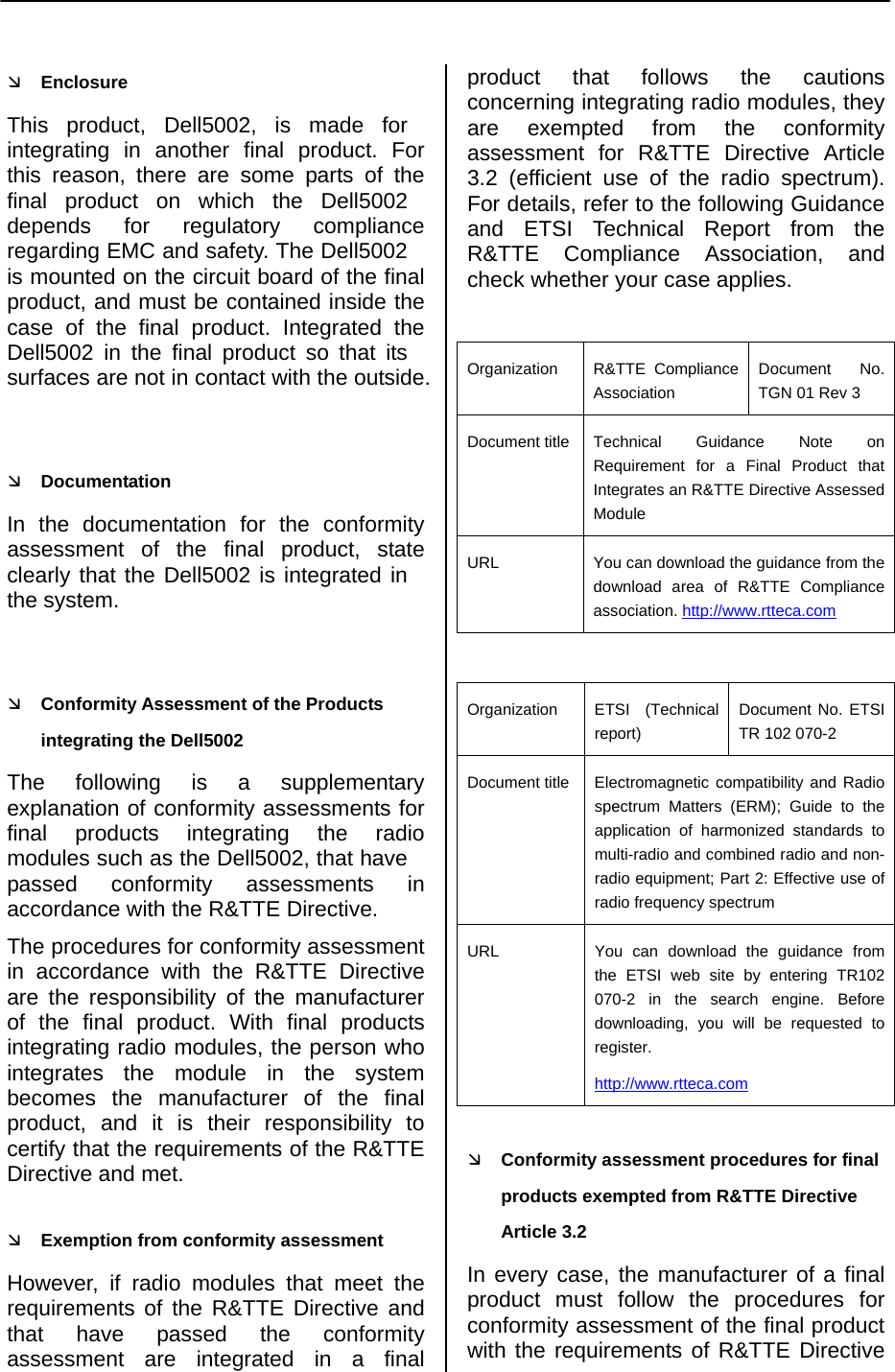     Ì Enclosure This product, Dell5002, is made for integrating in another final product. For this reason, there are some parts of the final product on which the Dell5002 depends for regulatory compliance regarding EMC and safety. The Dell5002 is mounted on the circuit board of the final product, and must be contained inside the case of the final product. Integrated the Dell5002 in the final product so that its surfaces are not in contact with the outside.  Ì Documentation In the documentation for the conformity assessment of the final product, state clearly that the Dell5002 is integrated in the system.  Ì Conformity Assessment of the Products integrating the Dell5002 The following is a supplementary explanation of conformity assessments for final products integrating the radio modules such as the Dell5002, that have passed conformity assessments in accordance with the R&amp;TTE Directive. The procedures for conformity assessment in accordance with the R&amp;TTE Directive are the responsibility of the manufacturer of the final product. With final products integrating radio modules, the person who integrates the module in the system becomes the manufacturer of the final product, and it is their responsibility to certify that the requirements of the R&amp;TTE Directive and met. Ì Exemption from conformity assessment However, if radio modules that meet the requirements of the R&amp;TTE Directive and that have passed the conformity assessment are integrated in a final product that follows the cautions concerning integrating radio modules, they are exempted from the conformity assessment for R&amp;TTE Directive Article 3.2 (efficient use of the radio spectrum). For details, refer to the following Guidance and ETSI Technical Report from the R&amp;TTE Compliance Association, and check whether your case applies.  Organization R&amp;TTE Compliance Association Document No. TGN 01 Rev 3 Document title Technical Guidance Note on Requirement for a Final Product that Integrates an R&amp;TTE Directive Assessed Module URL  You can download the guidance from the download area of R&amp;TTE Compliance association. http://www.rtteca.com  Organization ETSI (Technical report) Document No. ETSI TR 102 070-2 Document title Electromagnetic compatibility and Radio spectrum Matters (ERM); Guide to the application of harmonized standards to multi-radio and combined radio and non-radio equipment; Part 2: Effective use of radio frequency spectrum URL  You can download the guidance from the ETSI web site by entering TR102 070-2 in the search engine. Before downloading, you will be requested to register. http://www.rtteca.com Ì Conformity assessment procedures for final products exempted from R&amp;TTE Directive Article 3.2 In every case, the manufacturer of a final product must follow the procedures for conformity assessment of the final product with the requirements of R&amp;TTE Directive 