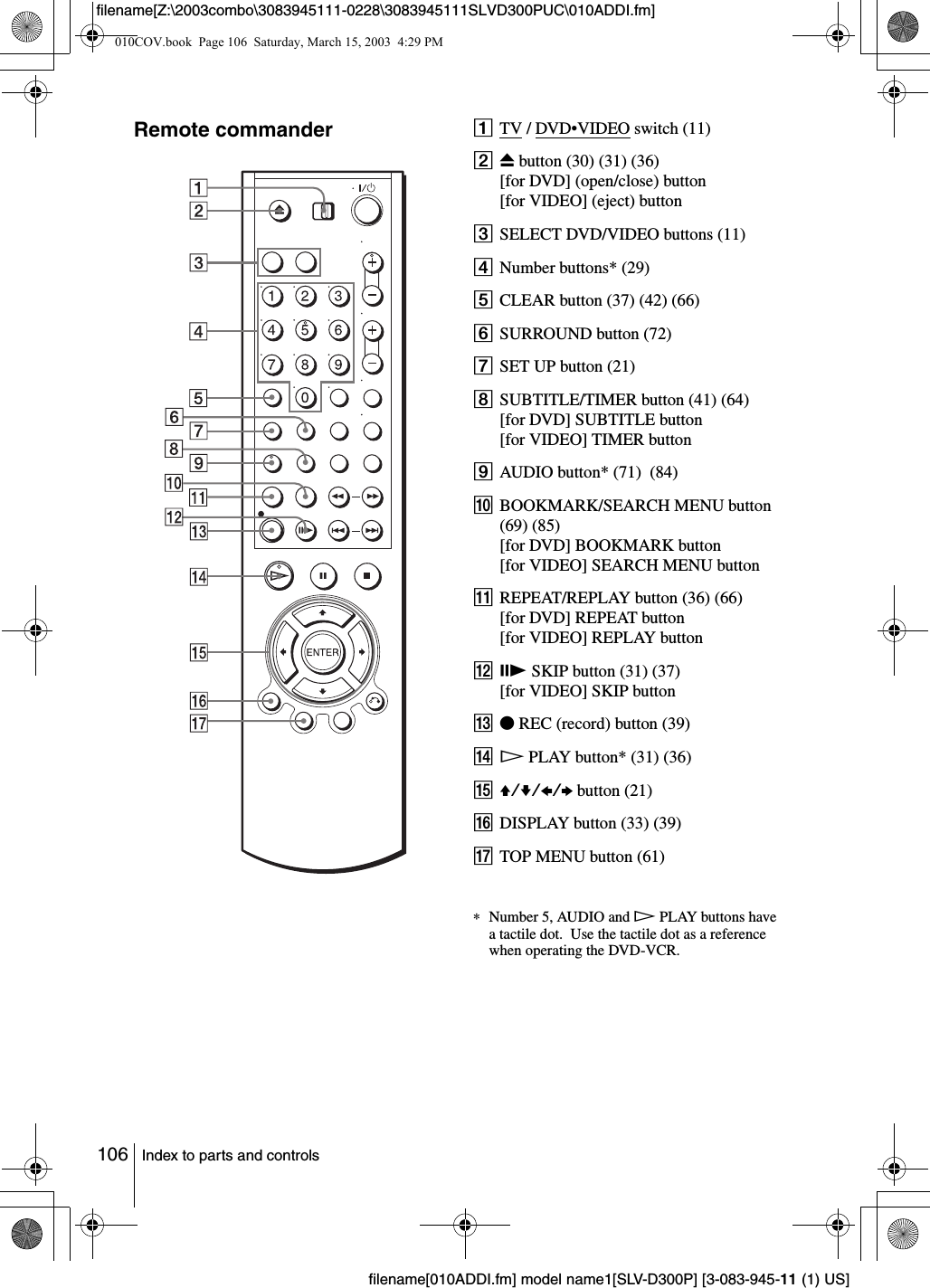 106 Index to parts and controlsfilename[010ADDI.fm] model name1[SLV-D300P] [3-083-945-11 (1) US]filename[Z:\2003combo\3083945111-0228\3083945111SLVD300PUC\010ADDI.fm]Remote commander ATV / DVD•VIDEO switch (11)BZ button (30) (31) (36)[for DVD] (open/close) button[for VIDEO] (eject) buttonCSELECT DVD/VIDEO buttons (11)DNumber buttons* (29)ECLEAR button (37) (42) (66)FSURROUND button (72)GSET UP button (21)HSUBTITLE/TIMER button (41) (64)[for DVD] SUBTITLE button[for VIDEO] TIMER buttonIAUDIO button* (71)  (84)JBOOKMARK/SEARCH MENU button (69) (85)[for DVD] BOOKMARK button[for VIDEO] SEARCH MENU button KREPEAT/REPLAY button (36) (66)[for DVD] REPEAT button[for VIDEO] REPLAY buttonLCSKIP button (31) (37)[for VIDEO] SKIP buttonMzREC (record) button (39)NHPLAY button* (31) (36)OV/v/B/b button (21)PDISPLAY button (33) (39)QTOP MENU button (61)∗Number 5, AUDIO and HPLAY buttons have a tactile dot.  Use the tactile dot as a reference when operating the DVD-VCR.010COV.book  Page 106  Saturday, March 15, 2003  4:29 PM