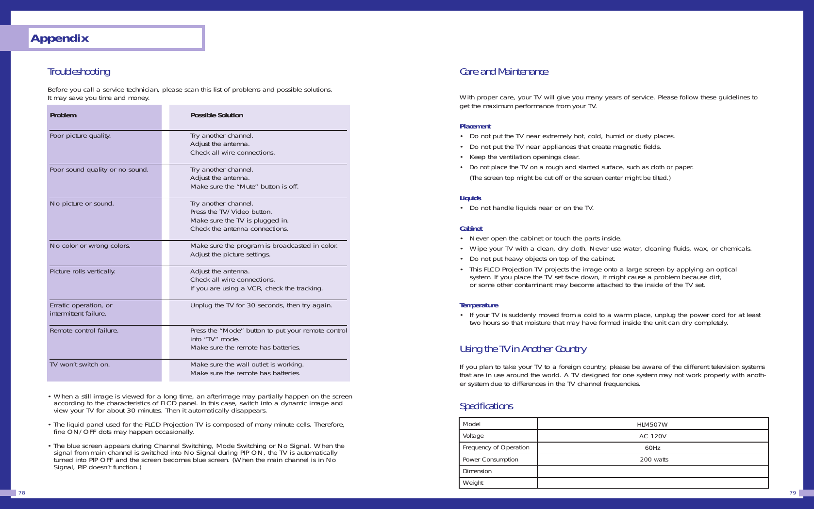 Appendix78 79Troubleshooting Before you call a service technician, please scan this list of problems and possible solutions. It may save you time and money.  &bull; When a still image is viewed for a long time, an afterimage may partially happen on the screenaccording to the characteristics of FLCD panel. In this case, switch into a dynamic image andview your TV for about 30 minutes. Then it automatically disappears.&bull; The liquid panel used for the FLCD Projection TV is composed of many minute cells. Therefore,fine ON/OFF dots may happen occasionally.&bull; The blue screen appears during Channel Switching, Mode Switching or No Signal. When thesignal from main channel is switched into No Signal during PIP ON, the TV is automaticallyturned into PIP OFF and the screen becomes blue screen. (When the main channel is in NoSignal, PIP doesn&rsquo;t function.)Care and MaintenanceWith proper care, your TV will give you many years of service. Please follow these guidelines toget the maximum performance from your TV.Placement&bull; Do not put the TV near extremely hot, cold, humid or dusty places.&bull; Do not put the TV near appliances that create magnetic fields.&bull; Keep the ventilation openings clear.&bull; Do not place the TV on a rough and slanted surface, such as cloth or paper.(The screen top might be cut off or the screen center might be tilted.)Liquids&bull; Do not handle liquids near or on the TV. Cabinet&bull; Never open the cabinet or touch the parts inside.&bull; Wipe your TV with a clean, dry cloth. Never use water, cleaning fluids, wax, or chemicals.&bull; Do not put heavy objects on top of the cabinet.&bull;This FLCD Projection TV projects the image onto a large screen by applying an optical system. If you place the TV set face down, it might cause a problem because dirt, or some other contaminant may become attached to the inside of the TV set. Temperature&bull;If your TV is suddenly moved from a cold to a warm place, unplug the power cord for at leasttwo hours so that moisture that may have formed inside the unit can dry completely.Using the TV in Another CountryIf you plan to take your TV to a foreign country, please be aware of the different television systemsthat are in use around the world. A TV designed for one system may not work properly with anoth-er system due to differences in the TV channel frequencies.SpecificationsProblem   Possible SolutionPoor picture quality. Try another channel.Adjust the antenna.Check all wire connections.Poor sound quality or no sound. Try another channel.Adjust the antenna.Make sure the &ldquo;Mute&rdquo; button is off.No picture or sound. Try another channel.Press the TV/Video button.Make sure the TV is plugged in.Check the antenna connections.No color or wrong colors. Make sure the program is broadcasted in color.Adjust the picture settings.Picture rolls vertically. Adjust the antenna.Check all wire connections.If you are using a VCR, check the tracking.Erratic operation, or  Unplug the TV for 30 seconds, then try again.intermittent failure.Remote control failure. Press the &ldquo;Mode&rdquo; button to put your remote controlinto &ldquo;TV&rdquo; mode. Make sure the remote has batteries.TV won&rsquo;t switch on. Make sure the wall outlet is working.Make sure the remote has batteries.ModelVoltageFrequency of OperationPower ConsumptionDimensionWeightHLM507WAC 120V 60Hz200 watts