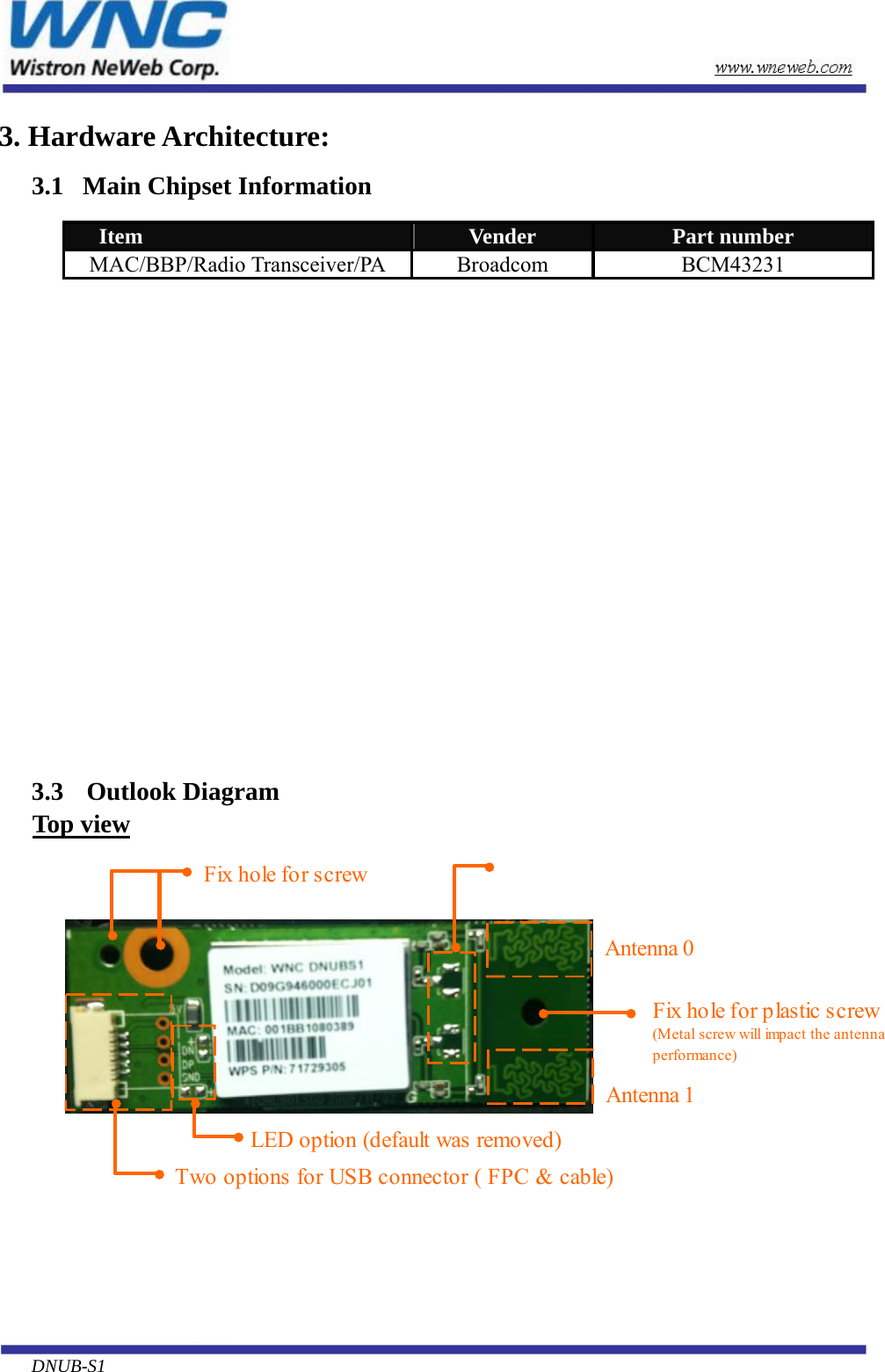  3. Hardware Architecture: 3.1   Main Chipset Information Item  Vender  Part number MAC/BBP/Radio Transceiver/PA  Broadcom  BCM43231  3.2  Circuit Block Diagram The major internal components and external interfaces of DNUB-S1 are illustrated in Figure 1-1. JTAGUSB2.0GPIOInternal BusARM ROMRAMDraft 802.11nMACSecurutySPROM I/FDraft-802.11nPHY2x2RadioBCM43231 Figure 1-1 DNUB-S1 Major Component and System Interface  3.3 Outlook Diagram Top view LED option (default was removed)Two options for USB connector ( FPC &amp; cable)Antenna 0Antenna 1Fix hole for plastic screw(Metal screw will impact the antennaperformance)Fix hole for screw    DNUB-S1       