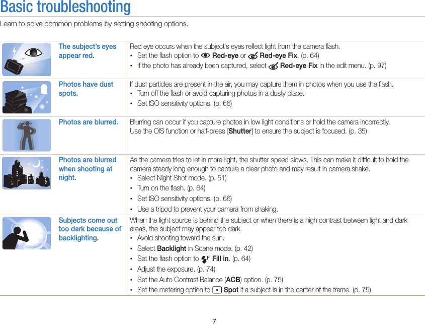    7Basic troubleshootingLearn to solve common problems by setting shooting options.The subject’s eyes appear red.Red eye occurs when the subject&apos;s eyes reﬂect light from the camera ﬂash.• Set the ﬂash option to   Red-eye or   Red-eye Fix. (p. 64)• If the photo has already been captured, select   Red-eye Fix in the edit menu. (p. 97)Photos have dust spots.If dust particles are present in the air, you may capture them in photos when you use the ﬂash.• Turn off the ﬂash or avoid capturing photos in a dusty place.• Set ISO sensitivity options. (p. 66)Photos are blurred. Blurring can occur if you capture photos in low light conditions or hold the camera incorrectly. Use the OIS function or half-press [Shutter] to ensure the subject is focused. (p. 35)Photos are blurred when shooting at night.As the camera tries to let in more light, the shutter speed slows. This can make it difﬁcult to hold the camera steady long enough to capture a clear photo and may result in camera shake.• Select Night Shot mode. (p. 51)• Turn on the ﬂash. (p. 64)• Set ISO sensitivity options. (p. 66)• Use a tripod to prevent your camera from shaking.Subjects come out too dark because of backlighting.When the light source is behind the subject or when there is a high contrast between light and dark areas, the subject may appear too dark.• Avoid shooting toward the sun.• Select Backlight in Scene mode. (p. 42)• Set the ﬂash option to   Fill in. (p. 64)• Adjust the exposure. (p. 74)• Set the Auto Contrast Balance (ACB) option. (p. 75)• Set the metering option to   Spot if a subject is in the center of the frame. (p. 75)