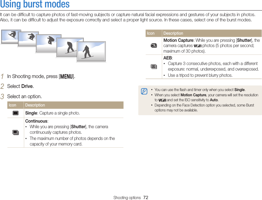 Shooting options  72Using burst modesIt can be difﬁcult to capture photos of fast-moving subjects or capture natural facial expressions and gestures of your subjects in photos. Also, it can be difﬁcult to adjust the exposure correctly and select a proper light source. In these cases, select one of the burst modes.Icon Description Motion Capture: While you are pressing [Shutter], the camera captures   photos (5 photos per second; maximum of 30 photos).AEB:• Capture 3 consecutive photos, each with a different exposure: normal, underexposed, and overexposed.• Use a tripod to prevent blurry photos. • You can use the ﬂash and timer only when you select Single.• When you select Motion Capture, your camera will set the resolution to   and set the ISO sensitivity to Auto. • Depending on the Face Detection option you selected, some Burst options may not be available.1 In Shooting mode, press [m].2 Select Drive.3 Select an option.Icon Description Single: Capture a single photo.Continuous:• While you are pressing [Shutter], the camera continuously captures photos.• The maximum number of photos depends on the capacity of your memory card.