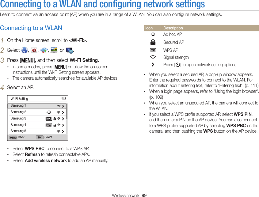 Wireless network  99Connecting to a WLAN and conﬁguring network settingsLearn to connect via an access point (AP) when you are in a range of a WLAN. You can also conﬁgure network settings.Icon DescriptionAd hoc APSecured APWPS APSignal strengthPress [t] to open network setting options.• When you select a secured AP, a pop-up window appears. Enter the required passwords to connect to the WLAN. For information about entering text, refer to &quot;Entering text&quot;. (p. 111)• When a login page appears, refer to &quot;Using the login browser&quot;. (p. 109)• When you select an unsecured AP, the camera will connect to the WLAN.• If you select a WPS proﬁle supported AP, select WPS PIN, and then enter a PIN on the AP device. You can also connect to a WPS proﬁle supported AP by selecting WPS PBC on the camera, and then pushing the WPS button on the AP device.Connecting to a WLAN1 On the Home screen, scroll to &lt;Wi-Fi&gt;.2 Select  ,  ,  ,  , or  .3 Press [m], and then select Wi-Fi Setting.• In some modes, press [m] or follow the on-screen instructions until the Wi-Fi Setting screen appears.• The camera automatically searches for available AP devices.4 Select an AP.Wi-Fi SettingSamsung 2Samsung 1Samsung 3Samsung 4Samsung 5Back Select• Select WPS PBC to connect to a WPS AP.• Select Refresh to refresh connectable APs.• Select Add wireless network to add an AP manually.