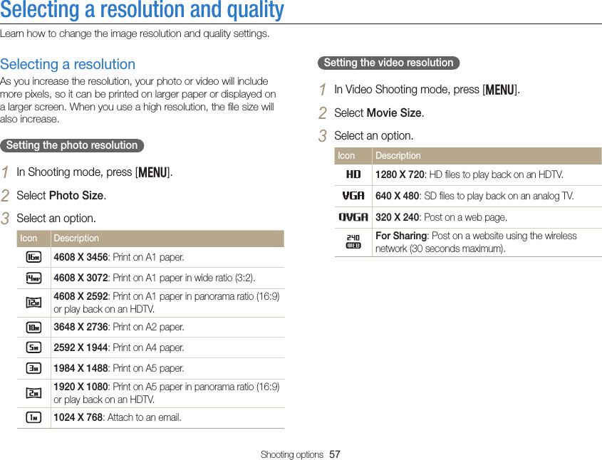 Shooting options  57Selecting a resolution and qualityLearn how to change the image resolution and quality settings.Setting the video resolution1 In Video Shooting mode, press [m].2 Select Movie Size.3 Select an option.Icon Description1280 X 720: HD ﬁles to play back on an HDTV.640 X 480: SD ﬁles to play back on an analog TV.320 X 240: Post on a web page.For Sharing: Post on a website using the wireless network (30 seconds maximum).Selecting a resolutionAs you increase the resolution, your photo or video will include more pixels, so it can be printed on larger paper or displayed on a larger screen. When you use a high resolution, the ﬁle size will also increase.Setting the photo resolution1 In Shooting mode, press [m].2 Select Photo Size. 3 Select an option.Icon Description4608 X 3456: Print on A1 paper.4608 X 3072: Print on A1 paper in wide ratio (3:2).4608 X 2592: Print on A1 paper in panorama ratio (16:9) or play back on an HDTV.3648 X 2736: Print on A2 paper.2592 X 1944: Print on A4 paper.1984 X 1488: Print on A5 paper.1920 X 1080: Print on A5 paper in panorama ratio (16:9) or play back on an HDTV.1024 X 768: Attach to an email.