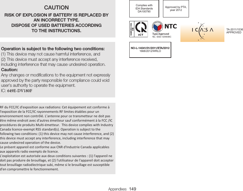 Appendixes  149CAUTIONRISK OF EXPLOSION IF BATTERY IS REPLACED BY AN INCORRECT TYPE.DISPOSE OF USED BATTERIES ACCORDING  TO THE INSTRUCTIONS.Operation is subject to the following two conditions:  (1) This device may not cause harmful interference, and  (2) This device must accept any interference received, including interference that may cause undesired operation. Caution:  Any changes or modiﬁcations to the equipment not expressly approved by the party responsible for compliance could void user’s authority to operate the equipment.IC: 649E-DV180FRF du FCC/IC d&apos;exposition aux radiations: Cet équipement est conforme à l&apos;exposition de la FCC/IC rayonnements RF limites établies pour un environnement non contrôlé. L’antenne pour ce transmetteur ne doit pas être même endroit avec d’autres émetteur sauf conformément à la FCC /IC procédures de produits Multi-émetteur.  This device complies with Industry Canada licence-exempt RSS standard(s). Operation is subject to the following two conditions: (1) this device may not cause interference, and (2) this device must accept any interference, including interference that may cause undesired operation of the device.Le présent appareil est conforme aux CNR d&apos;Industrie Canada applicables aux appareils radio exempts de licence. L&apos;exploitation est autorisée aux deux conditions suivantes : (1) l&apos;appareil ne doit pas produire de brouillage, et (2) l&apos;utilisateur de l&apos;appareil doit accepter tout brouillage radioélectrique subi, même si le brouillage est susceptible d&apos;en compromettre le fonctionnement.Complies with IDA Standards DA100790Approved by PTA, year 2012No.: ESD-1205936C938NO-L-14041/01/2011/ETA/2012 1668/2012/WRLOTA-2011/1536 APPROVED