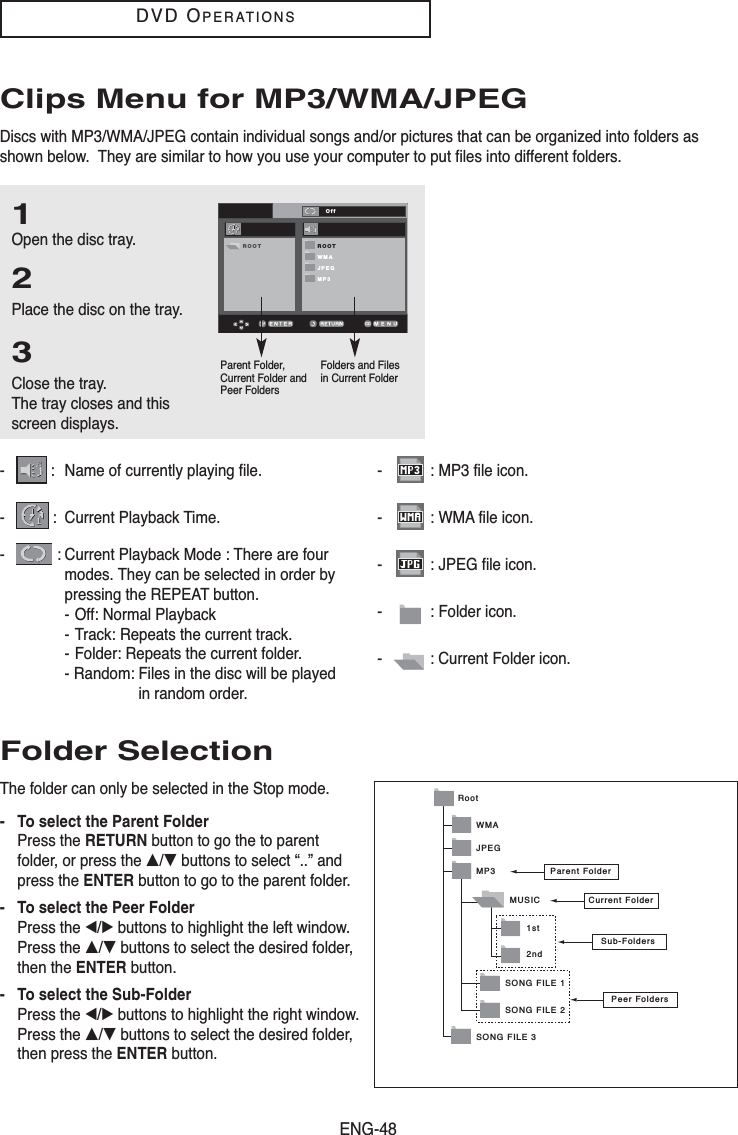 ENG-48DVD OPERATIONSClips Menu for MP3/WMA/JPEGDiscs with MP3/WMA/JPEG contain individual songs and/or pictures that can be organized into folders asshown below.  They are similar to how you use your computer to put files into different folders.1Open the disc tray.2Place the disc on the tray.3Close the tray.The tray closes and thisscreen displays.OffROOTWMAJPEGMP3ROOTParent Folder,Current Folder andPeer FoldersFolders and Filesin Current Folder-   : Name of currently playing file.-   : Current Playback Time.-   : Current Playback Mode : There are four modes. They can be selected in order by pressing the REPEAT button.- Off: Normal Playback- Track: Repeats the current track.- Folder: Repeats the current folder.- Random: Files in the disc will be played in random order.-   : MP3 file icon.-   : WMA file icon.-   : JPEG file icon.-   : Folder icon.-   : Current Folder icon.- To select the Parent FolderPress the RETURN button to go the to parentfolder, or press the …/†buttons to select “..” and press the ENTER button to go to the parent folder.- To select the Peer FolderPress the œ/√buttons to highlight the left window. Press the …/†buttons to select the desired folder, then the ENTER button.- To select the Sub-FolderPress the œ/√buttons to highlight the right window.Press the …/†buttons to select the desired folder,then press the ENTER button.Folder SelectionThe folder can only be selected in the Stop mode.RootWMAJPEGMP3SONG FILE 3MUSICSONG FILE 1SONG FILE 21st2ndParent FolderCurrent FolderSub-FoldersPeer Folders