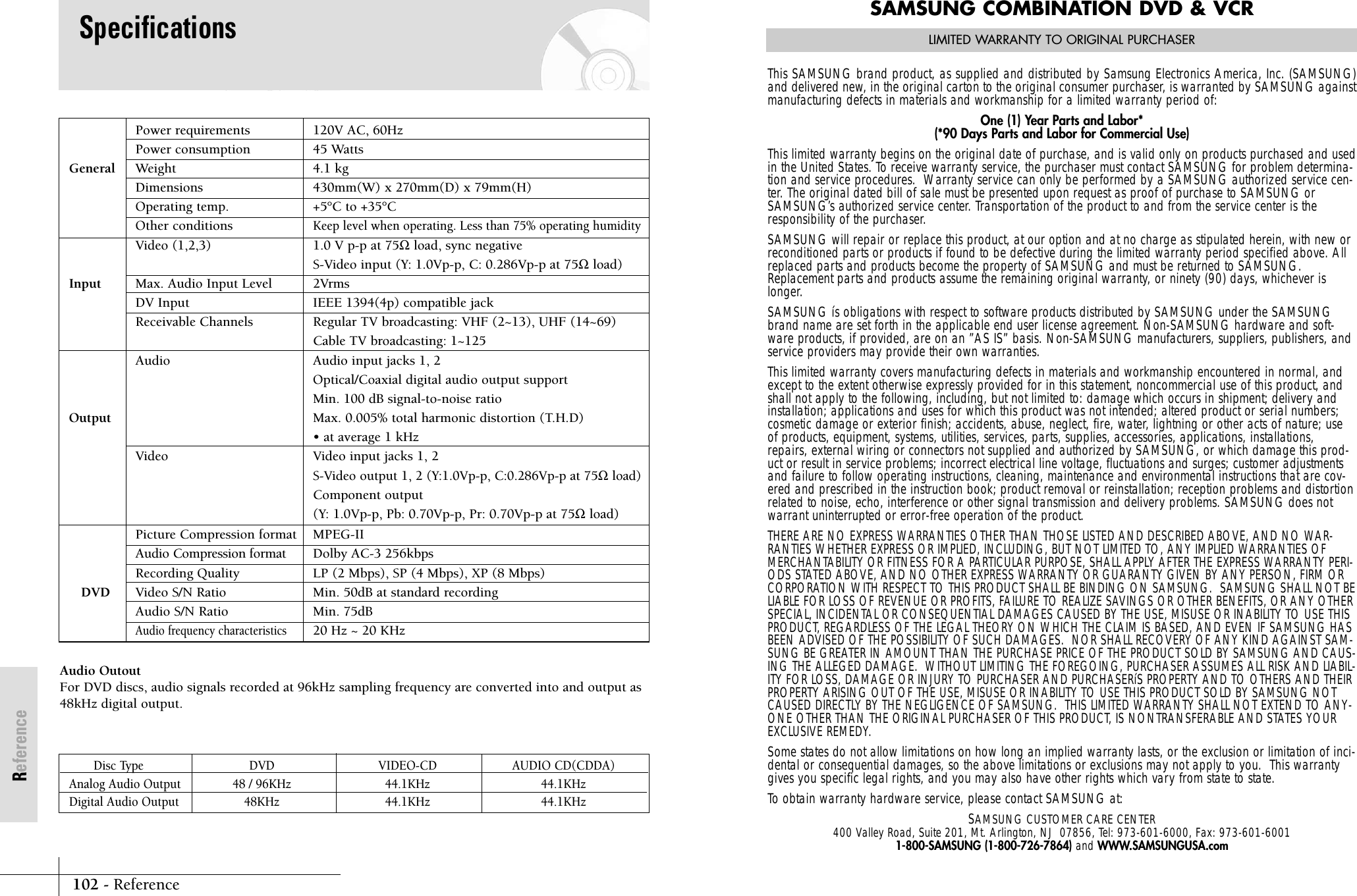 102 - ReferenceReferenceSAMSUNG COMBINATION DVD &amp; VCRLIMITED WARRANTY TO ORIGINAL PURCHASERThis SAMSUNG brand product, as supplied and distributed by Samsung Electronics America, Inc. (SAMSUNG)and delivered new, in the original carton to the original consumer purchaser, is warranted by SAMSUNG againstmanufacturing defects in materials and workmanship for a limited warranty period of:One (1) Year Parts and Labor*(*90 Days Parts and Labor for Commercial Use)This limited warranty begins on the original date of purchase, and is valid only on products purchased and usedin the United States. To receive warranty service, the purchaser must contact SAMSUNG for problem determina-tion and service procedures.  Warranty service can only be performed by a SAMSUNG authorized service cen-ter. The original dated bill of sale must be presented upon request as proof of purchase to SAMSUNG orSAMSUNG&rsquo;s authorized service center. Transportation of the product to and from the service center is theresponsibility of the purchaser.SAMSUNG will repair or replace this product, at our option and at no charge as stipulated herein, with new orreconditioned parts or products if found to be defective during the limited warranty period specified above. Allreplaced parts and products become the property of SAMSUNG and must be returned to SAMSUNG.Replacement parts and products assume the remaining original warranty, or ninety (90) days, whichever islonger.SAMSUNG &iacute;s obligations with respect to software products distributed by SAMSUNG under the SAMSUNGbrand name are set forth in the applicable end user license agreement. Non-SAMSUNG hardware and soft-ware products, if provided, are on an &rdquo;AS IS&rdquo; basis. Non-SAMSUNG manufacturers, suppliers, publishers, andservice providers may provide their own warranties.This limited warranty covers manufacturing defects in materials and workmanship encountered in normal, andexcept to the extent otherwise expressly provided for in this statement, noncommercial use of this product, andshall not apply to the following, including, but not limited to: damage which occurs in shipment; delivery andinstallation; applications and uses for which this product was not intended; altered product or serial numbers;cosmetic damage or exterior finish; accidents, abuse, neglect, fire, water, lightning or other acts of nature; useof products, equipment, systems, utilities, services, parts, supplies, accessories, applications, installations,repairs, external wiring or connectors not supplied and authorized by SAMSUNG, or which damage this prod-uct or result in service problems; incorrect electrical line voltage, fluctuations and surges; customer adjustmentsand failure to follow operating instructions, cleaning, maintenance and environmental instructions that are cov-ered and prescribed in the instruction book; product removal or reinstallation; reception problems and distortionrelated to noise, echo, interference or other signal transmission and delivery problems. SAMSUNG does notwarrant uninterrupted or error-free operation of the product.THERE ARE NO EXPRESS WARRANTIES OTHER THAN THOSE LISTED AND DESCRIBED ABOVE, AND NO WAR-RANTIES WHETHER EXPRESS OR IMPLIED, INCLUDING, BUT NOT LIMITED TO, ANY IMPLIED WARRANTIES OFMERCHANTABILITY OR FITNESS FOR A PARTICULAR PURPOSE, SHALL APPLY AFTER THE EXPRESS WARRANTY PERI-ODS STATED ABOVE, AND NO OTHER EXPRESS WARRANTY OR GUARANTY GIVEN BY ANY PERSON, FIRM ORCORPORATION WITH RESPECT TO THIS PRODUCT SHALL BE BINDING ON SAMSUNG.  SAMSUNG SHALL NOT BELIABLE FOR LOSS OF REVENUE OR PROFITS, FAILURE TO REALIZE SAVINGS OR OTHER BENEFITS, OR ANY OTHERSPECIAL, INCIDENTAL OR CONSEQUENTIAL DAMAGES CAUSED BY THE USE, MISUSE OR INABILITY TO USE THISPRODUCT, REGARDLESS OF THE LEGAL THEORY ON WHICH THE CLAIM IS BASED, AND EVEN IF SAMSUNG HASBEEN ADVISED OF THE POSSIBILITY OF SUCH DAMAGES.  NOR SHALL RECOVERY OF ANY KIND AGAINST SAM-SUNG BE GREATER IN AMOUNT THAN THE PURCHASE PRICE OF THE PRODUCT SOLD BY SAMSUNG AND CAUS-ING THE ALLEGED DAMAGE.  WITHOUT LIMITING THE FOREGOING, PURCHASER ASSUMES ALL RISK AND LIABIL-ITY FOR LOSS, DAMAGE OR INJURY TO PURCHASER AND PURCHASER&iacute;S PROPERTY AND TO OTHERS AND THEIRPROPERTY ARISING OUT OF THE USE, MISUSE OR INABILITY TO USE THIS PRODUCT SOLD BY SAMSUNG NOTCAUSED DIRECTLY BY THE NEGLIGENCE OF SAMSUNG.  THIS LIMITED WARRANTY SHALL NOT EXTEND TO ANY-ONE OTHER THAN THE ORIGINAL PURCHASER OF THIS PRODUCT, IS NONTRANSFERABLE AND STATES YOUREXCLUSIVE REMEDY.Some states do not allow limitations on how long an implied warranty lasts, or the exclusion or limitation of inci-dental or consequential damages, so the above limitations or exclusions may not apply to you.  This warrantygives you specific legal rights, and you may also have other rights which vary from state to state.To obtain warranty hardware service, please contact SAMSUNG at:SAMSUNG CUSTOMER CARE CENTER400 Valley Road, Suite 201, Mt. Arlington, NJ  07856, Tel: 973-601-6000, Fax: 973-601-60011-800-SAMSUNG (1-800-726-7864) and WWW.SAMSUNGUSA.comPower requirements 120V AC, 60Hz  Power consumption 45 WattsGeneral Weight 4.1 kgDimensions 430mm(W) x 270mm(D) x 79mm(H)Operating temp. +5&deg;C to +35&deg;COther conditionsKeep level when operating. Less than 75% operating humidityVideo (1,2,3) 1.0 V p-p at 75Ωload, sync negativeS-Video input (Y: 1.0Vp-p, C: 0.286Vp-p at 75Ωload)Input Max. Audio Input Level 2VrmsDV Input IEEE 1394(4p) compatible jackReceivable Channels Regular TV broadcasting: VHF (2~13), UHF (14~69)Cable TV broadcasting: 1~125Audio Audio input jacks 1, 2Optical/Coaxial digital audio output supportMin. 100 dB signal-to-noise ratio Output Max. 0.005% total harmonic distortion (T.H.D)  &bull; at average 1 kHzVideo Video input jacks 1, 2S-Video output 1, 2 (Y:1.0Vp-p, C:0.286Vp-p at 75Ωload)Component output(Y: 1.0Vp-p, Pb: 0.70Vp-p, Pr: 0.70Vp-p at 75Ωload) Picture Compression format MPEG-IIAudio Compression format Dolby AC-3 256kbpsRecording Quality LP (2 Mbps), SP (4 Mbps), XP (8 Mbps)DVD Video S/N Ratio Min. 50dB at standard recordingAudio S/N Ratio Min. 75dBAudio frequency characteristics20 Hz ~ 20 KHzDisc Type DVD VIDEO-CD AUDIO CD(CDDA)Analog Audio Output 48 / 96KHz 44.1KHz 44.1KHzDigital Audio Output 48KHz 44.1KHz 44.1KHzAudio OutoutFor DVD discs, audio signals recorded at 96kHz sampling frequency are converted into and output as48kHz digital output.Specifications