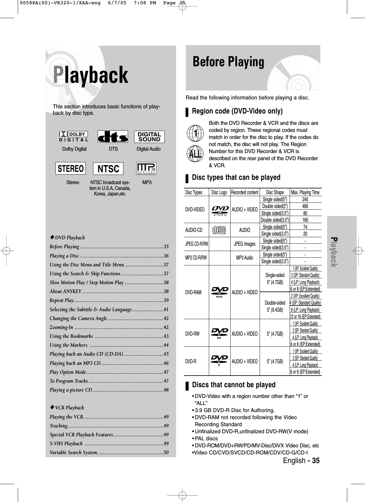PlaybackPlaybackThis section introduces basic functions of play-back by disc type.Before PlayingRead the following information before playing a disc.Region code (DVD-Video only)Both the DVD Recorder &amp; VCR and the discs arecoded by region. These regional codes mustmatch in order for the disc to play. If the codes donot match, the disc will not play. The RegionNumber for this DVD Recorder &amp; VCR isdescribed on the rear panel of the DVD Recorder&amp; VCR.Disc types that can be playedDiscs that cannot be played•DVD-Video with a region number other than “1” or“ALL”•3.9 GB DVD-R Disc for Authoring.•DVD-RAM not recorded following the VideoRecording Standard•Unfinalized DVD-R,unfinalized DVD-RW(V mode)•PAL discs•DVD-ROM/DVD+RW/PD/MV-Disc/DiVX Video Disc, etc•Video CD/CVD/SVCD/CD-ROM/CDV/CD-G/CD-IDolby Digital DTS Digital AudioStereo MP3NTSC broadcast sys-tem in U.S.A, Canada,Korea, Japan,etc.Disc Types Disc Logo Recorded content Disc Shape Max. Playing TimeSingle sided(5”) 240DVD-VIDEO AUDIO + VIDEO Double sided(5”) 480Single sided(3.5”) 80Double sided(3.5”) 160AUDIO-CD AUDIO Single sided(5”) 74Single sided(3.5”) 20JPEG CD-R/RWJPEG Images Single sided(5”) -Single sided(3.5”) -MP3 CD-R/RWMP3 Audio Single sided(5”) -Single sided(3.5”) -1 (XP: Excellent Quality)Single-sided2 (SP: Standard Quality)5” (4.7GB)4 (LP: Long Playback)DVD-RAM AUDIO + VIDEO6 or 8 (EP:Extended)2 (XP: Excellent Quality)Double-sided4 (SP: Standard Quality)5” (9.4GB)8 (LP: Long Playback)12 or 16 (EP:Extended)1 (XP: Excellent Quality)DVD-RW AUDIO + VIDEO 5” (4.7GB)2 (SP: Standard Quality)4 (LP: Long Playback)6 or 8 (EP:Extended)1 (XP: Excellent Quality)DVD-R AUDIO + VIDEO 5” (4.7GB)2 (SP: Standard Quality)4 (LP: Long Playback)6 or 8 (EP:Extended)◆DVD PlaybackBefore Playing ...................................................................35 Playing a Disc ...................................................................36Using the Disc Menu and Title Menu ...............................37Using the Search &amp; Skip Functions ..................................37Slow Motion Play / Step Motion Play ...............................38About ANYKEY .................................................................38Repeat Play........................................................................39Selecting the Subtitle &amp; Audio Language.........................41 Changing the Camera Angle.............................................42Zooming-In .......................................................................42Using the Bookmarks  .......................................................43Using the Markers  ...........................................................44Playing back an Audio CD (CD-DA)................................45Playing back an MP3 CD..................................................46Play Option Mode..............................................................47To   Program Tracks ............................................................47Playing a picture CD.........................................................48◆VCR PlaybackPlaying the VCR................................................................49Tracking.............................................................................49Special VCR Playback Features ........................................49S-VHS Playback  ...............................................................49Variable Search System.....................................................50English - 3500588A(00)-VR320-1/XAA-eng  6/7/05  7:08 PM  Page 35